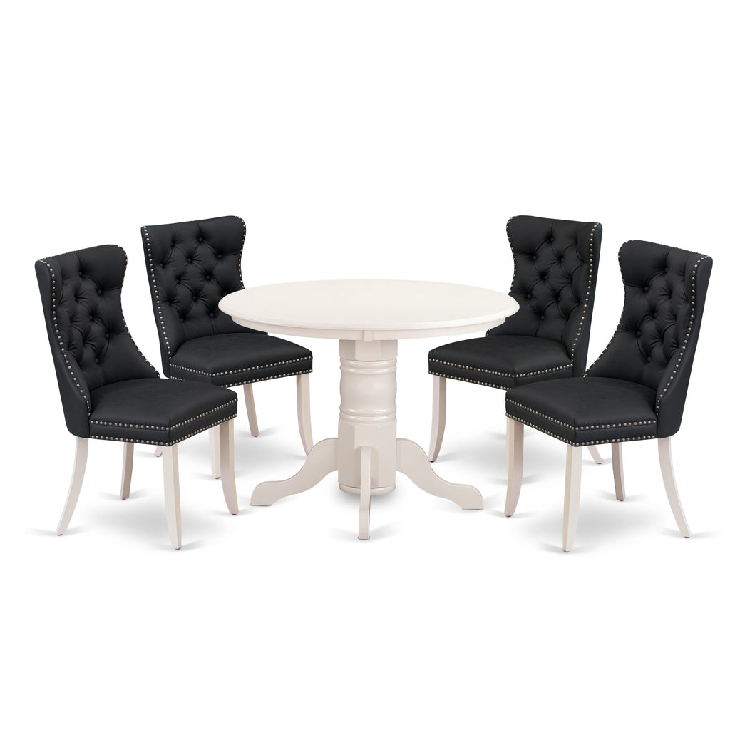 East West Furniture SHDA5-WHI-12 5 Piece Dinette Set for Small Spaces Contains a Round Dining Table with Pedestal and 4 Upholstered Parson Chairs, 42x42 Inch, linen white