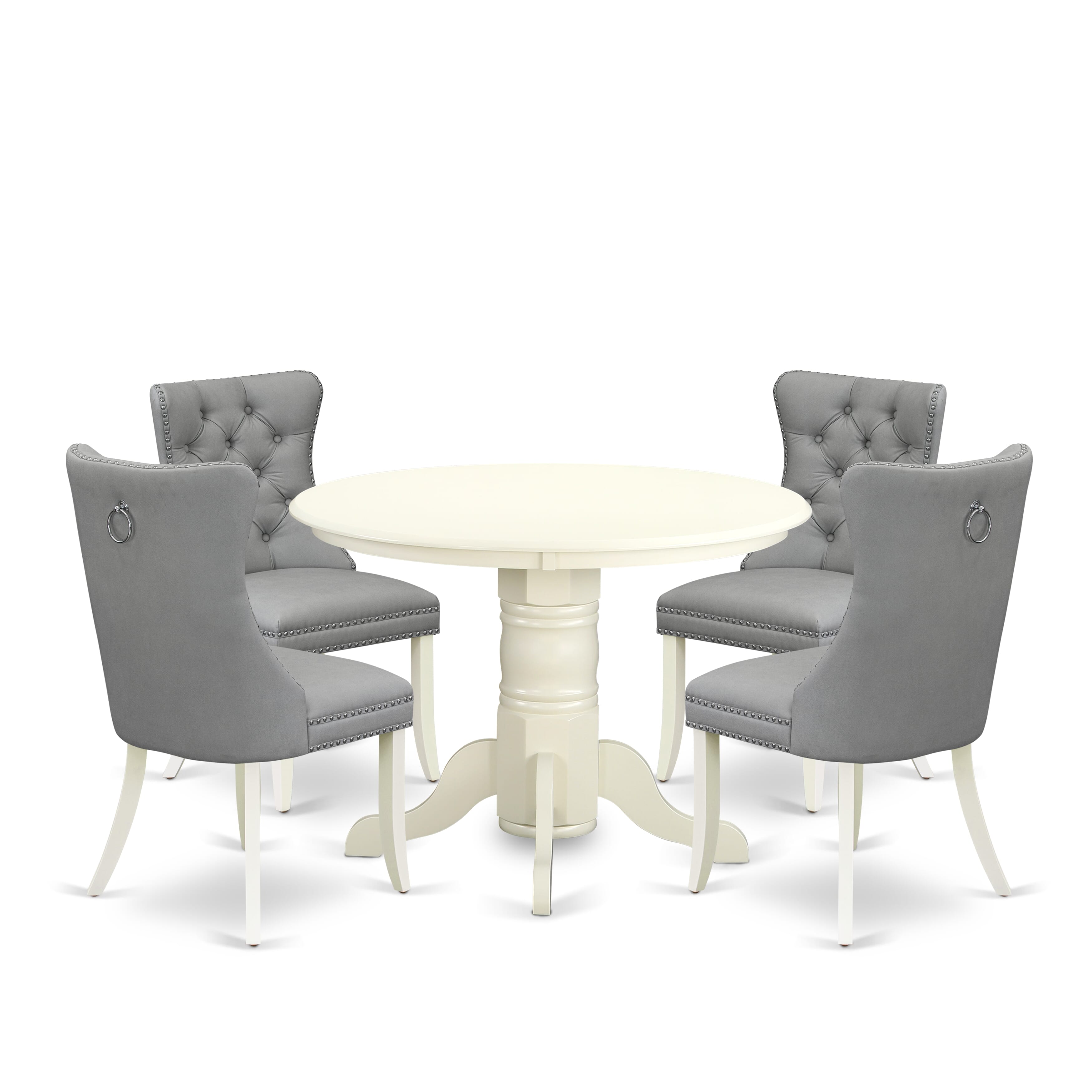 East West Furniture SHDA5-WHI-27 5 Piece Kitchen Table & Chairs Set Includes a Round Dining Table with Pedestal and 4 Upholstered Chairs, 42x42 Inch, linen white