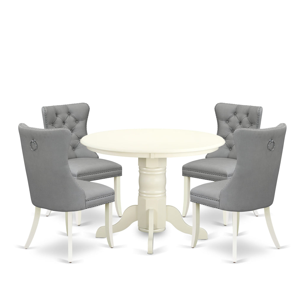 East West Furniture SHDA5-WHI-27 5 Piece Kitchen Table & Chairs Set Includes a Round Dining Table with Pedestal and 4 Upholstered Chairs, 42x42 Inch, linen white