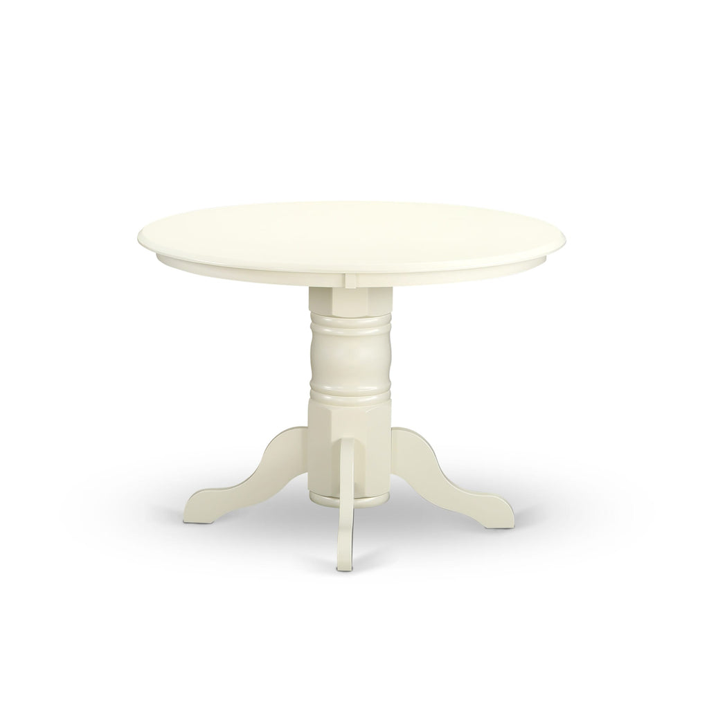 East West Furniture SHDA5-WHI-27 5 Piece Kitchen Table & Chairs Set Includes a Round Dining Table with Pedestal and 4 Upholstered Chairs, 42x42 Inch, linen white