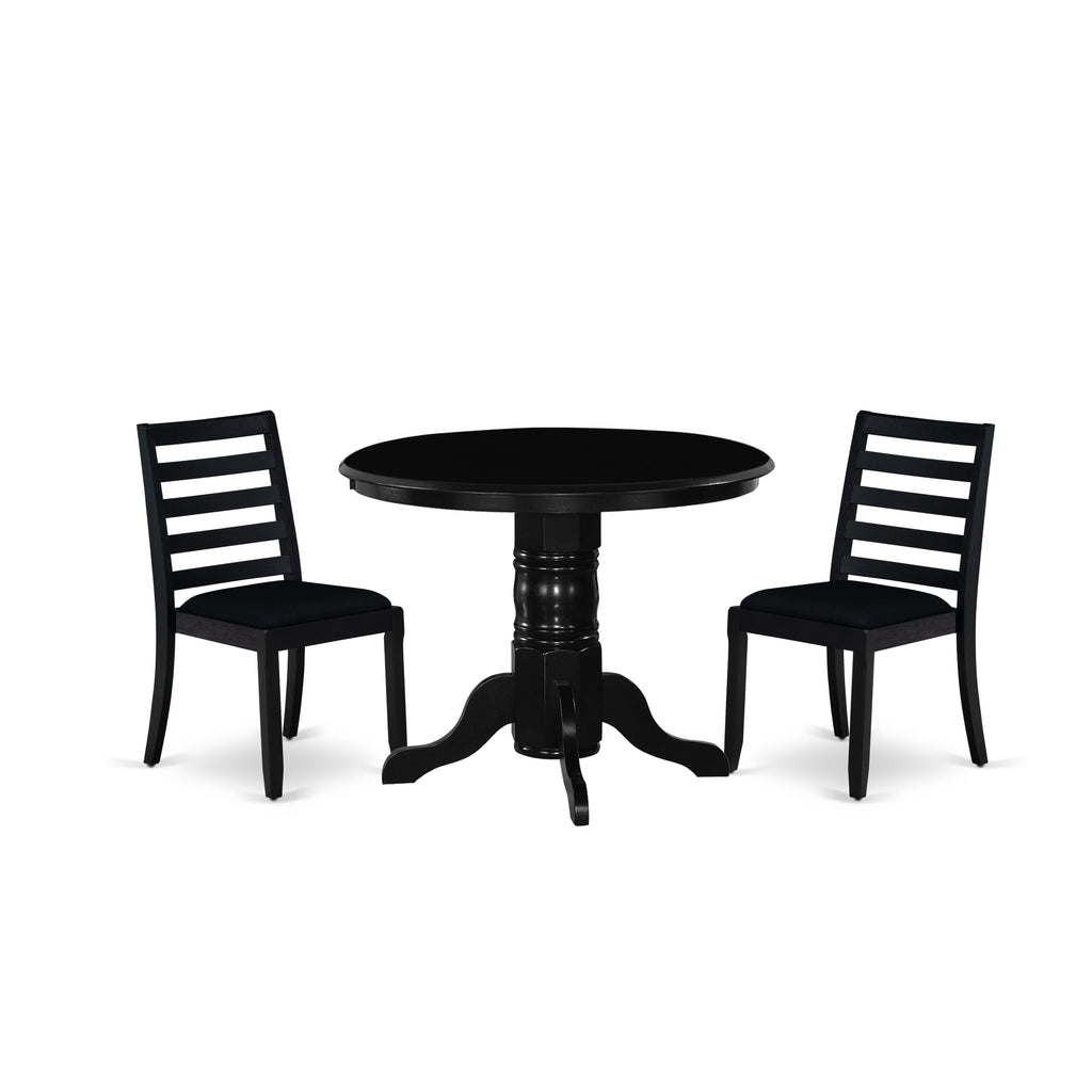 East West Furniture SHX13-BLK-24 -3 Piece Dining Set Includes a Round Kitchen Table with Black Tabletop & 2 Stackable Linen Fabric Chairs