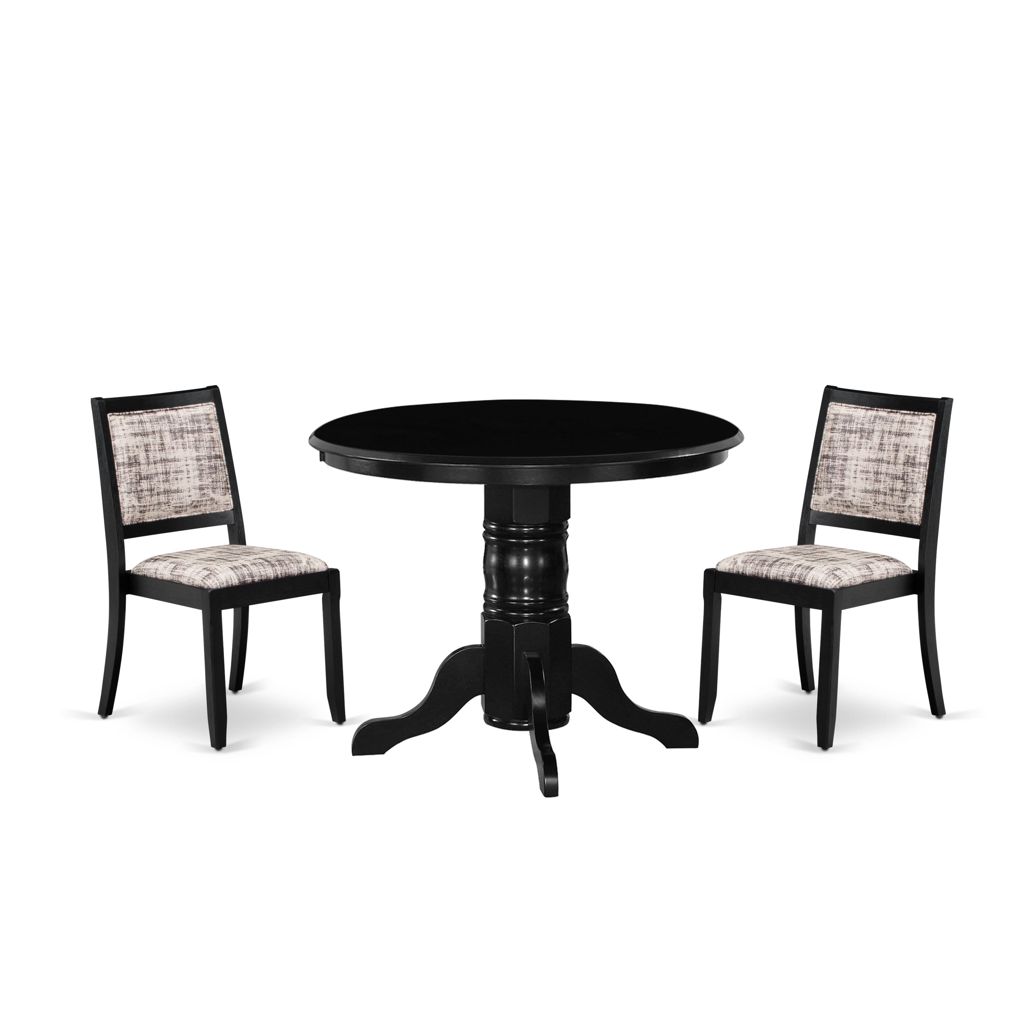 East West Furniture SHX23-BLK-30 -3 Piece Dining Set Includes a Round Table & 2 Stackable Faux Leather Fabric Chairs, Black