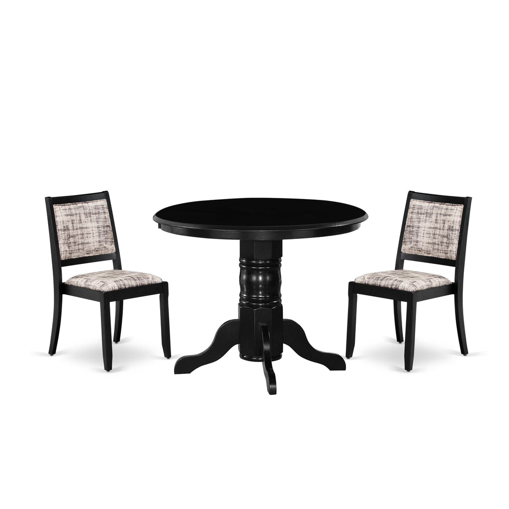 East West Furniture SHX23-BLK-30 -3 Piece Dining Set Includes a Round Kitchen Table with Black Tabletop & 2 Stackable Faux Leather Chairs