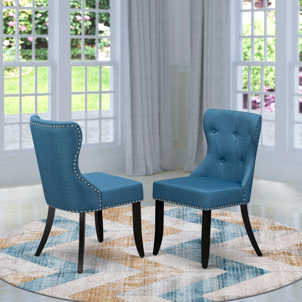 East West Furniture 6-Piece Dining Table Set- 4 Parson dining room chairs with Blue Linen Fabric Seat and Button Tufted Chair Back - Rectangular top & Wooden Legs Wood Kitchen Table and Wooden Dining Bench - Distressed Jacobean and Black Finish