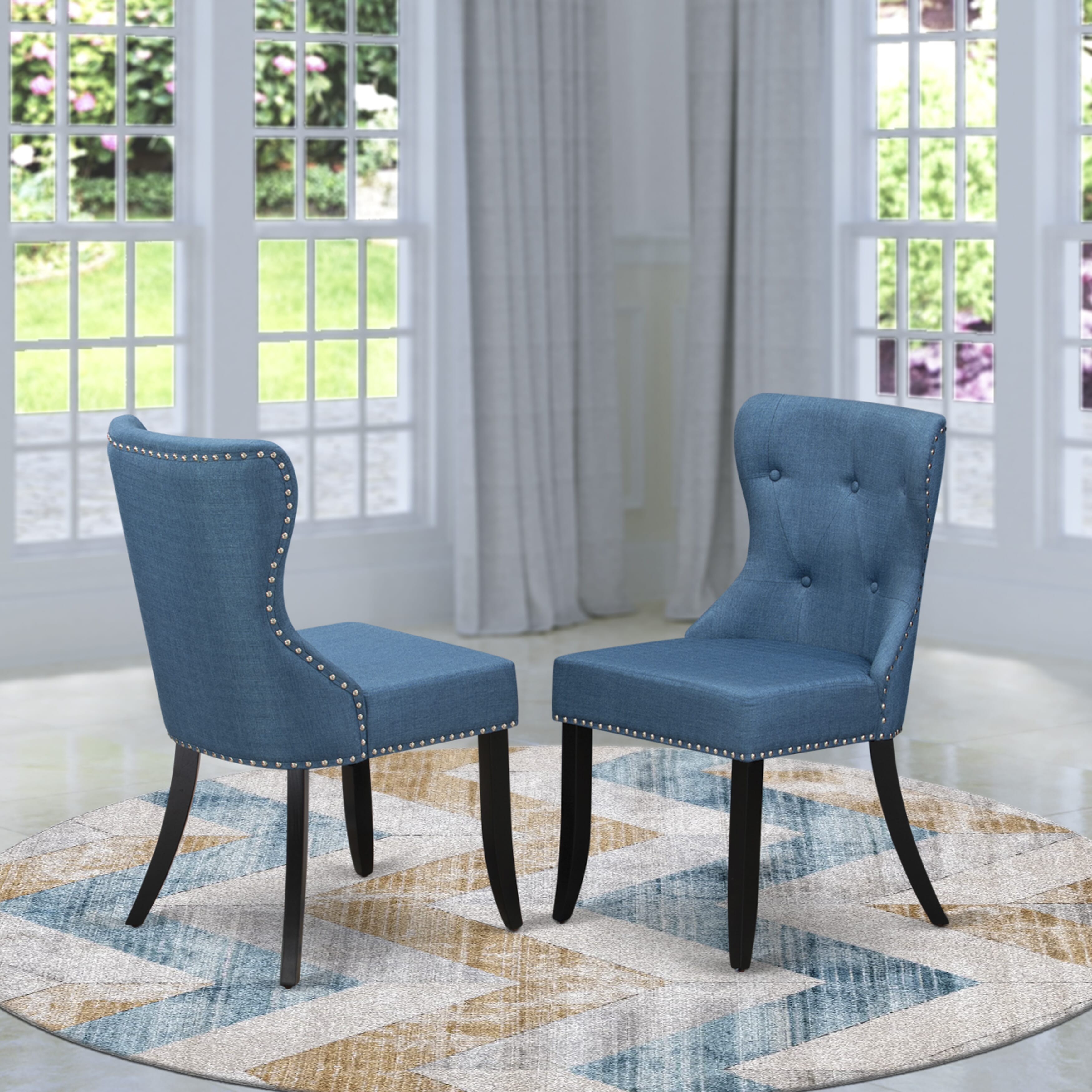 Luxe by East West Furniture - NKSI5-SBB-21 - 5-piece Dining Room Table Set consists of a Dining Table and 4 Blue Linen Fabric Upholstered Chairs with Button Tufted Back - Sand Blasting Black Finish