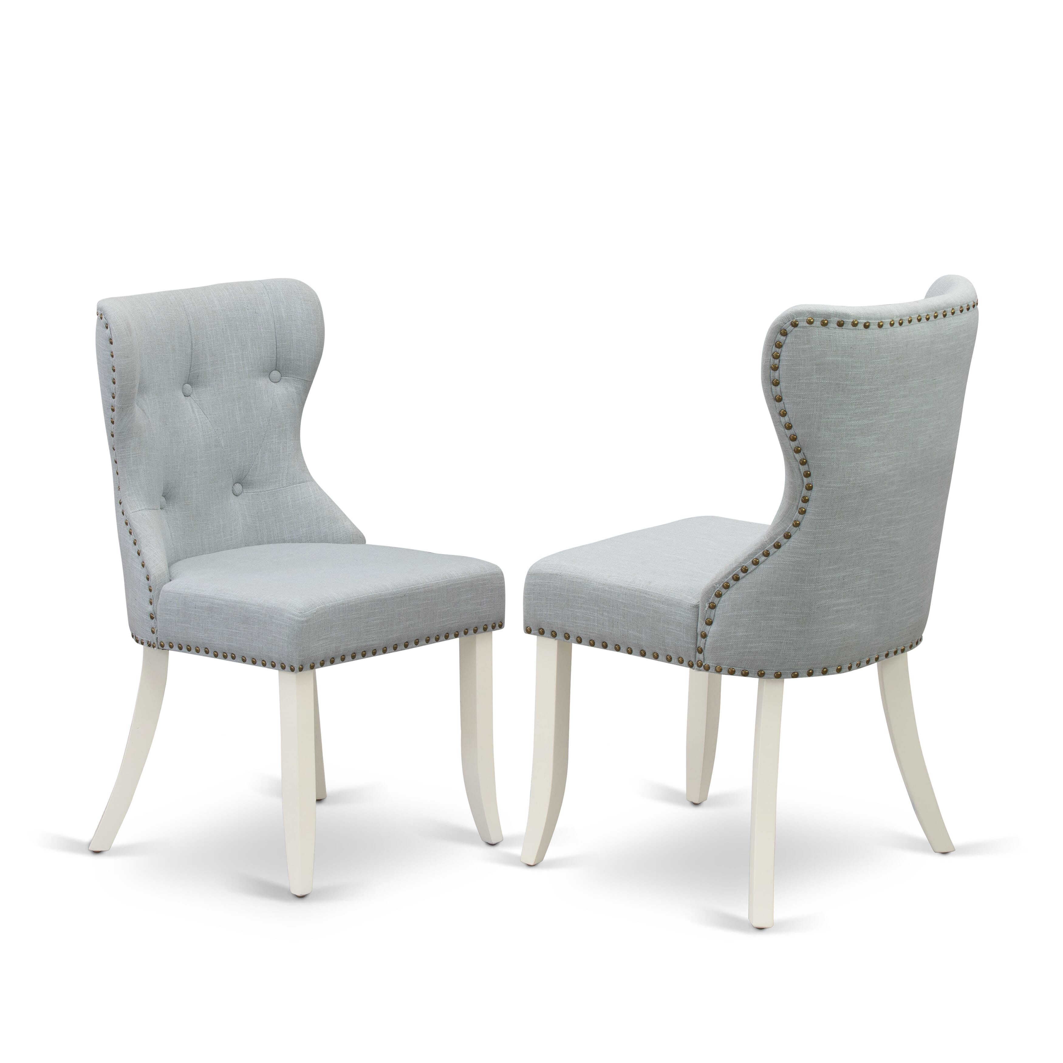 Juego de comedor moderno East West Furniture V026SI215-7 de 7 piezas: 6 sillas tapizadas con asiento de tela de lino azul bebé y respaldo capitoné con botones. Tablero rectangular y patas de madera. Acabado blanco lino.