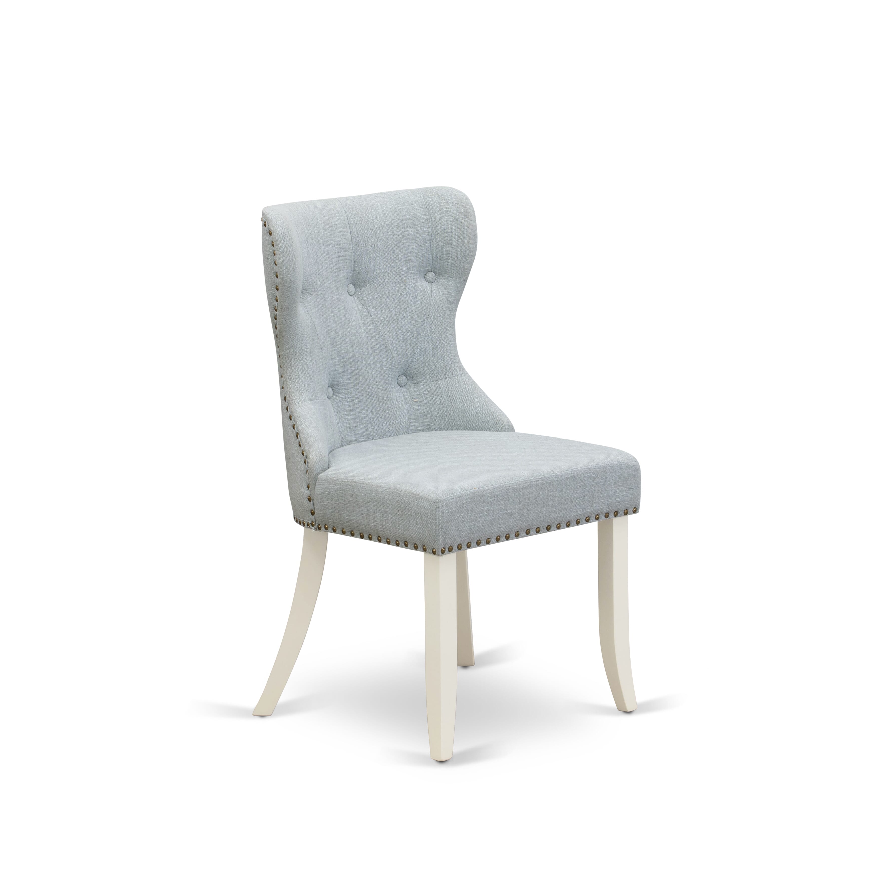 East West Furniture X076SI215 6-Piece Dining Set- 4 Dining Chairs with Baby Blue Linen Fabric Seat and Button Tufted Chair Back - Dining Table and Indoor Bench (Distressed Jacobean Finish)