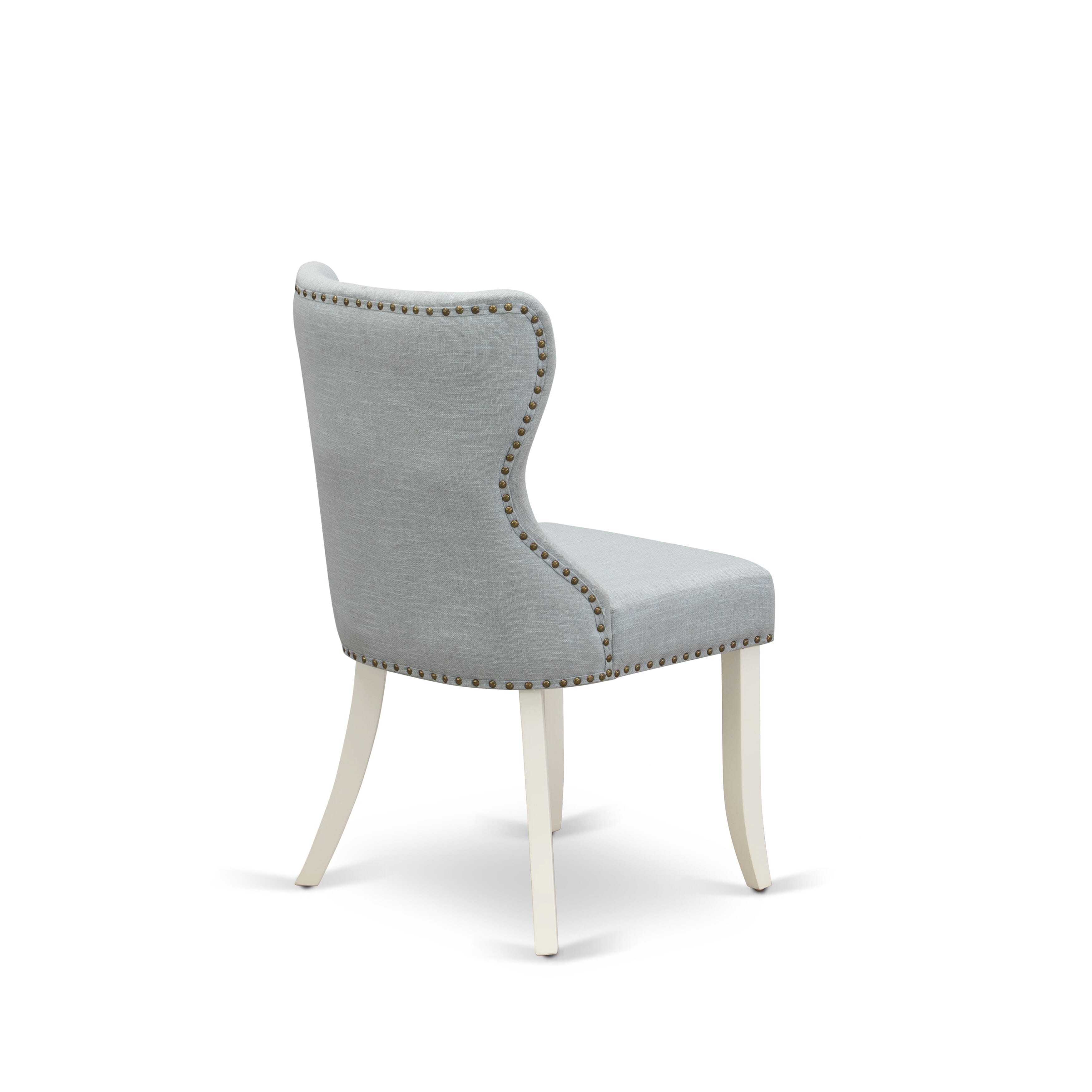 Juego de comedor East West Furniture V026SI215-5 de 5 piezas: 4 sillas Parson con asiento de tela de lino azul bebé y respaldo capitoné con botones, tablero rectangular y patas de madera, acabado blanco lino.