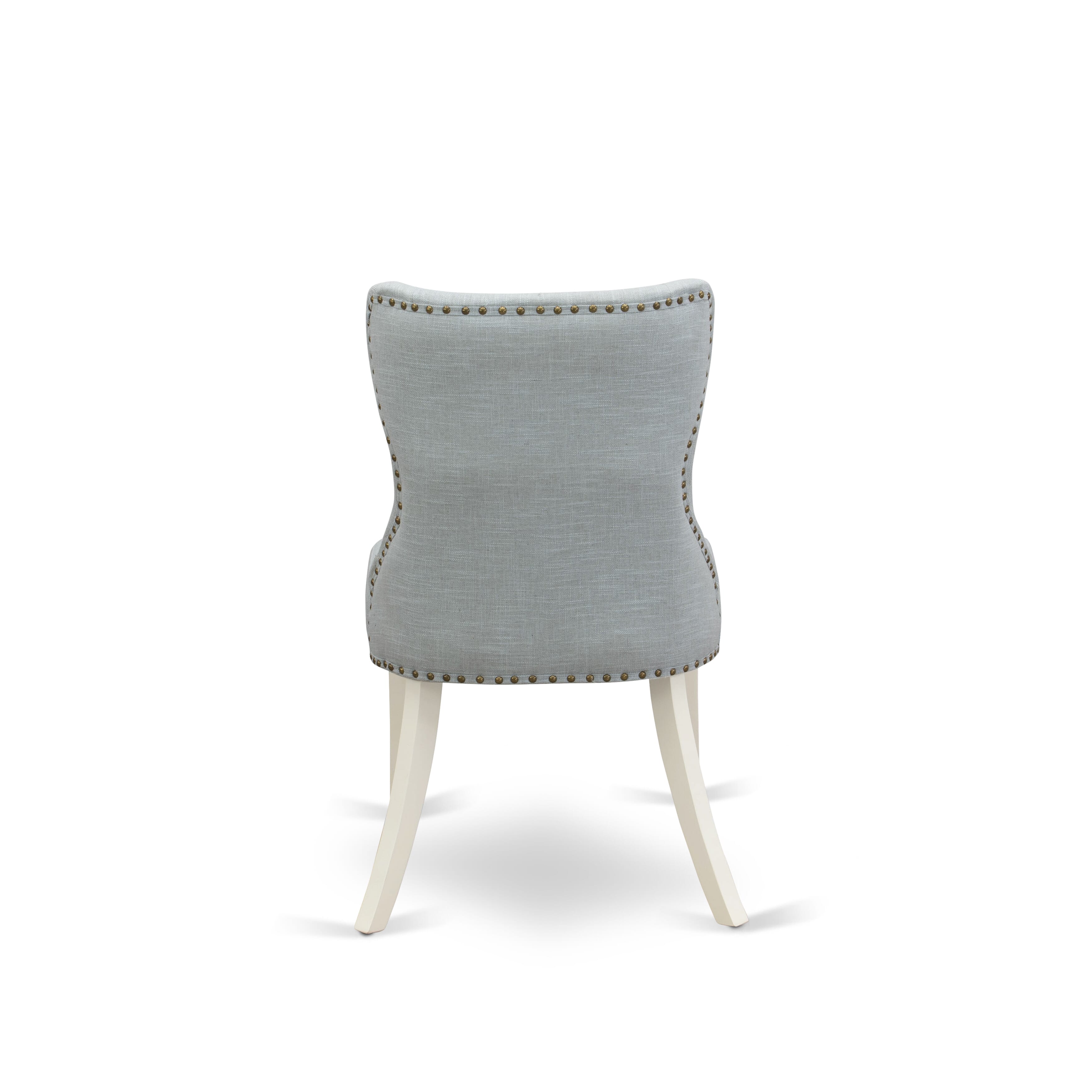 East West Furniture 9-Piece Dining Room Table Set- 8 Dining Padded Chairs with Baby Blue Linen Fabric Seat and Button Tufted Chair Back - Rectangular Table top & Wooden Legs (linen white Finish)