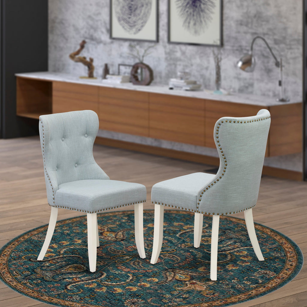 East West Furniture X076SI215 6-Piece Dining Set- 4 Dining Chairs with Baby Blue Linen Fabric Seat and Button Tufted Chair Back - Dining Table and Indoor Bench (Distressed Jacobean Finish)
