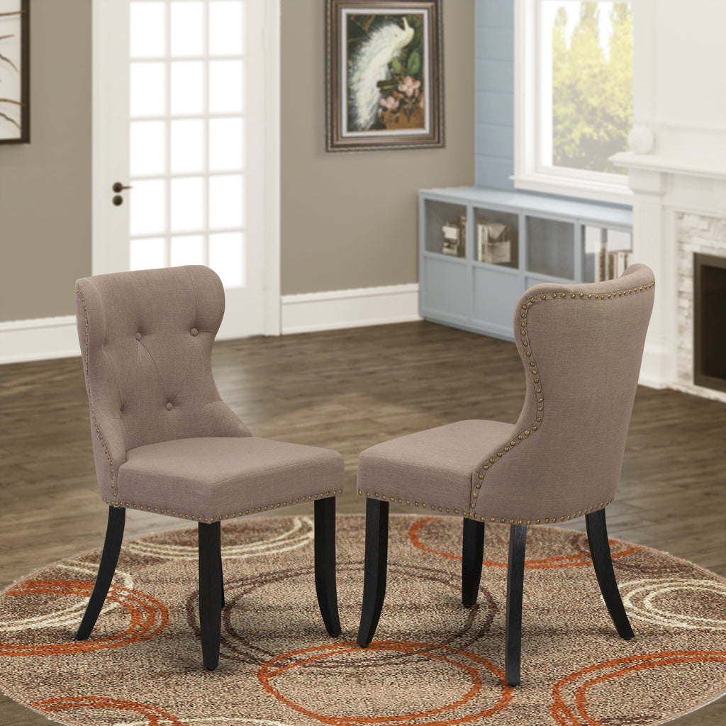 East West Furniture 6-Piece Kitchen Dining Room Set- 4 kitchen chairs with Coffee Linen Fabric Seat and Button Tufted Chair Back - Rectangular top & Wooden Legs Wood Kitchen Table and Dining Bench â€“ Distressed Jacobean and Wire Brushed Black Finish