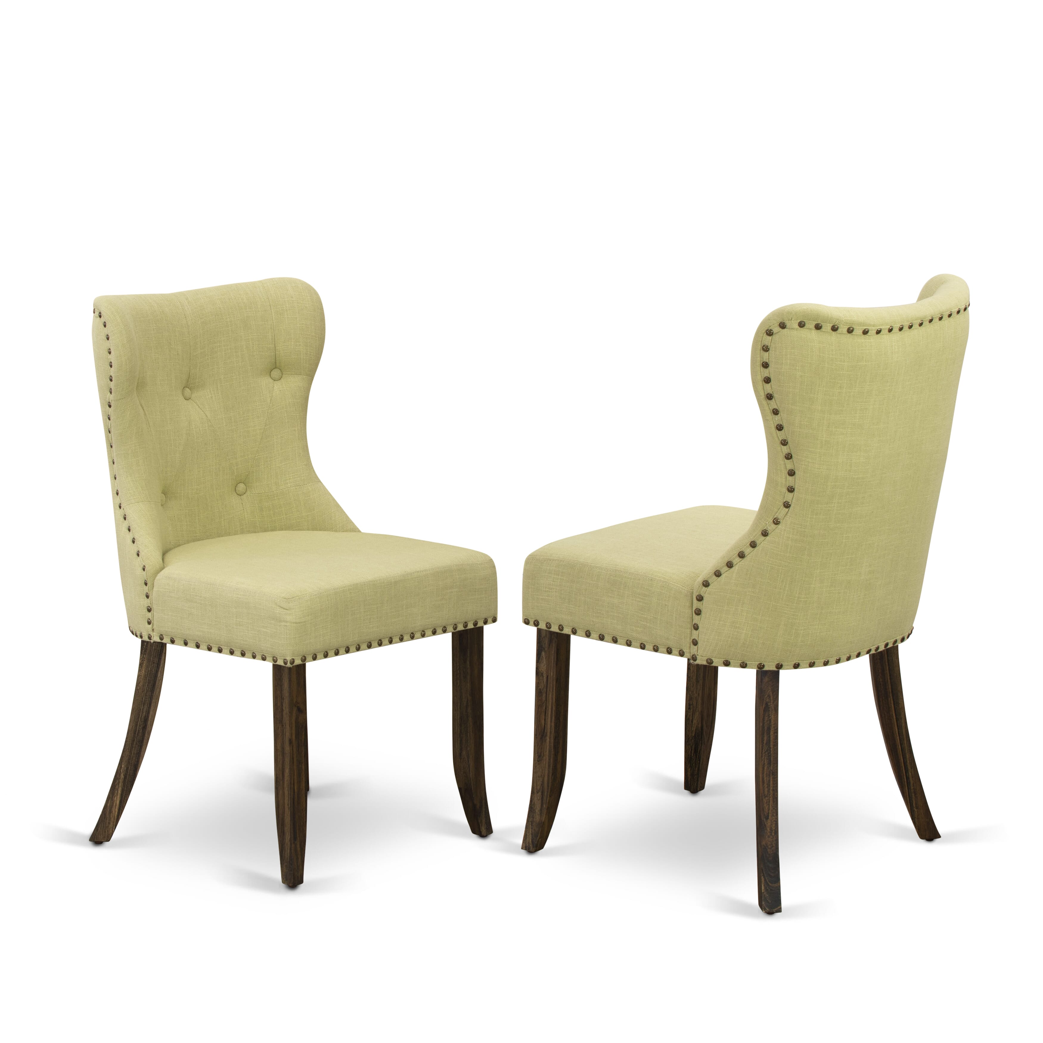 East West Furniture X726SI737-7 7-Pc Dining Room Table Set- 6 Upholstered Dining Chairs with Limelight Linen Fabric Seat and Button Tufted Chair Back - Rectangular Table top & Wooden Cross Legs - linen white and Distressed Jacobean Finish