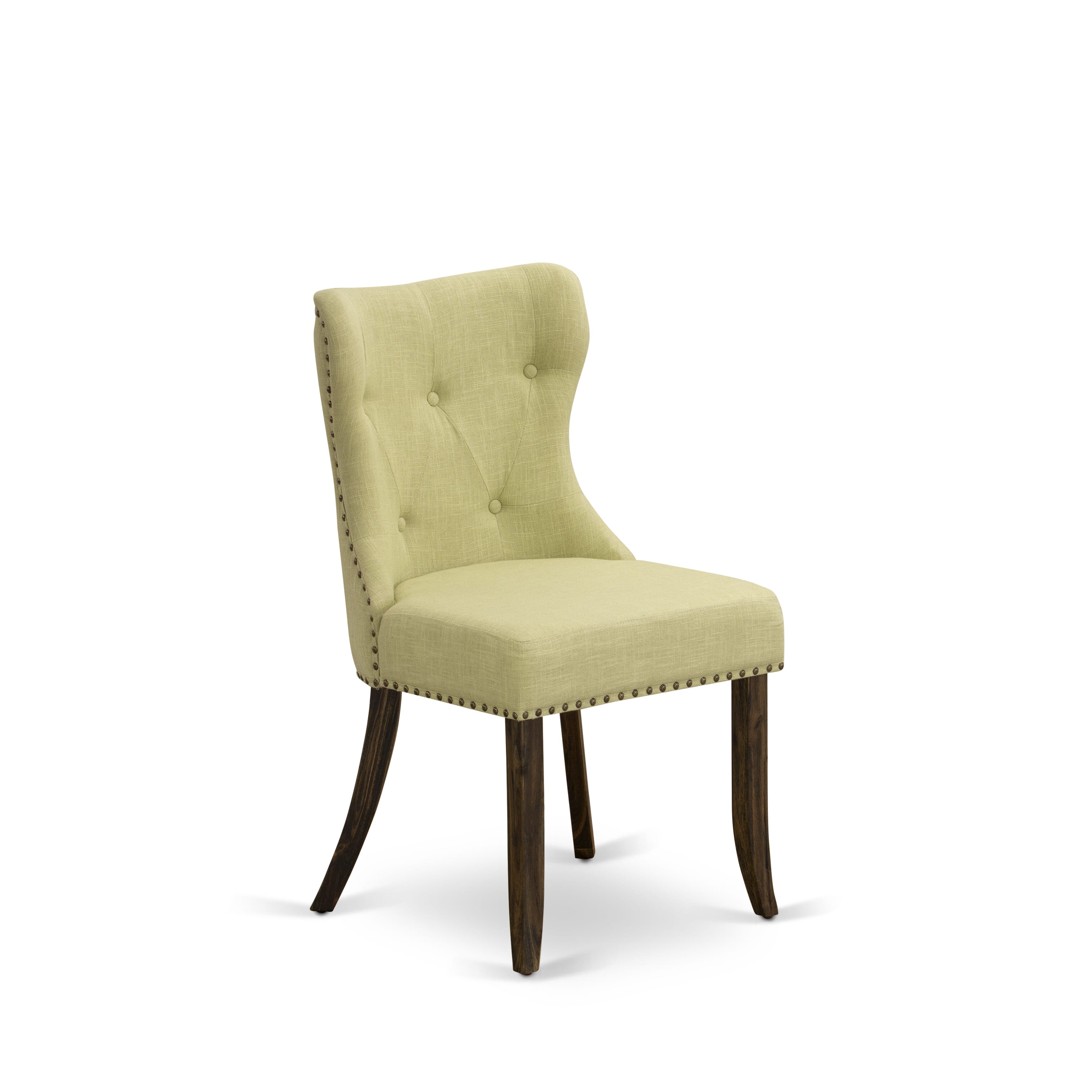 East West Furniture X727SI737-9 9-Piece Modern Dining Set- 8 Parson Chairs with Limelight Linen Fabric Seat and Button Tufted Chair Back - Rectangular Table top & Wooden Cross Legs - linen white and Distressed Jacobean Finish