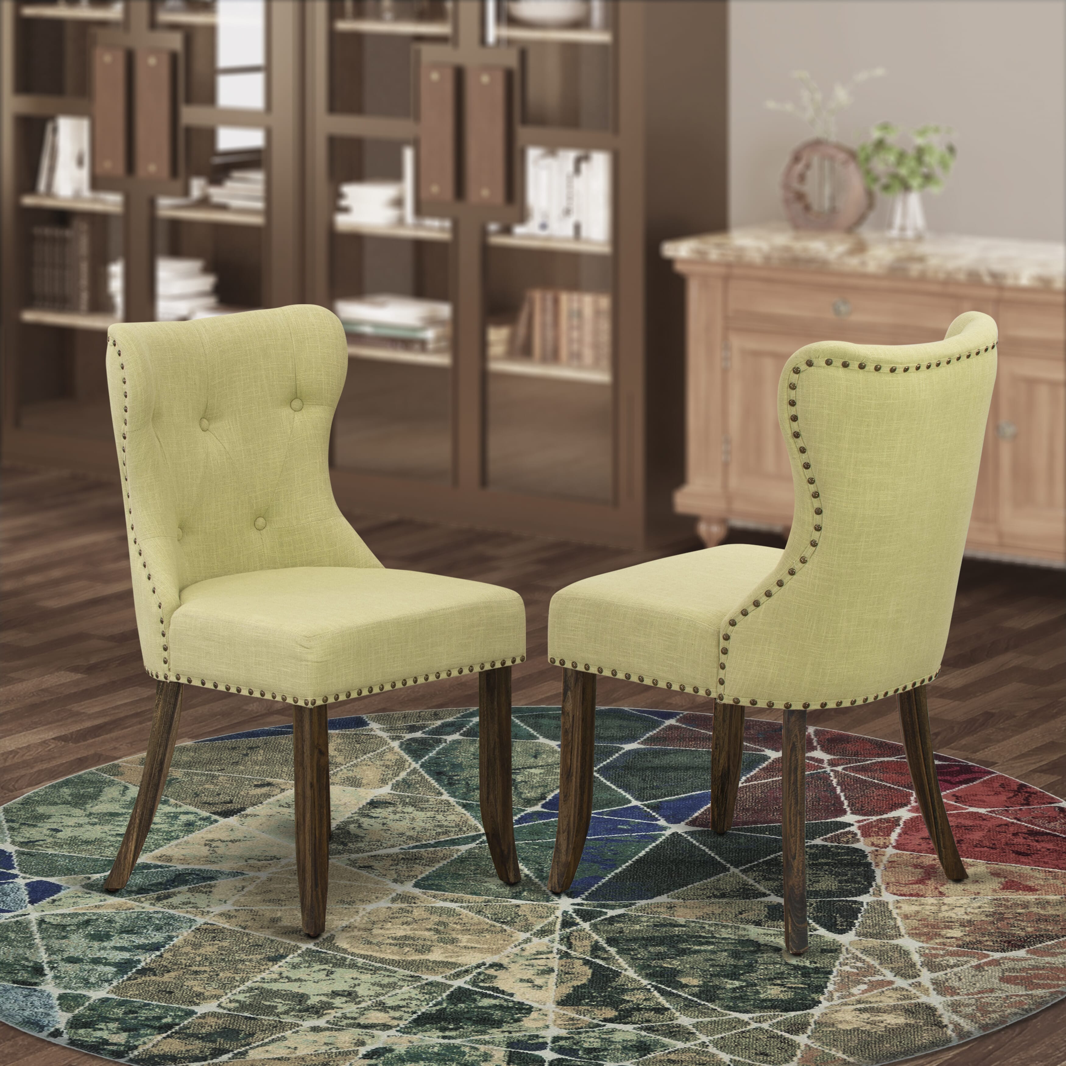 East West Furniture X726SI737-7 7-Pc Dining Room Table Set- 6 Upholstered Dining Chairs with Limelight Linen Fabric Seat and Button Tufted Chair Back - Rectangular Table top & Wooden Cross Legs - linen white and Distressed Jacobean Finish