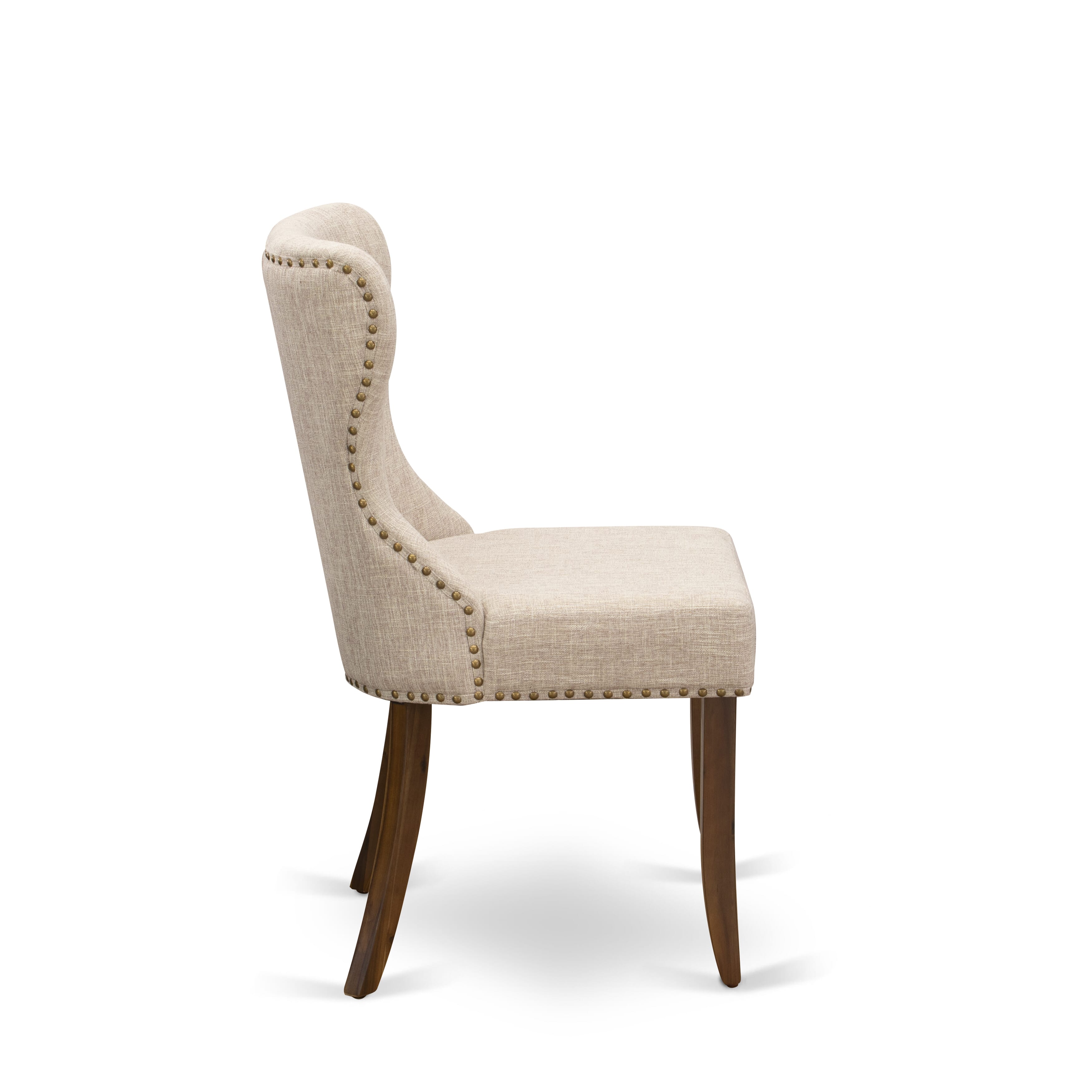 Luxe by East West Furniture F8SI7-50N-04 7-Pc Dining Set consists of a Pedestal Dining Table and 6 Light Tan Linen Fabric Parson Chairs with Button Tufted- Antique Walnut