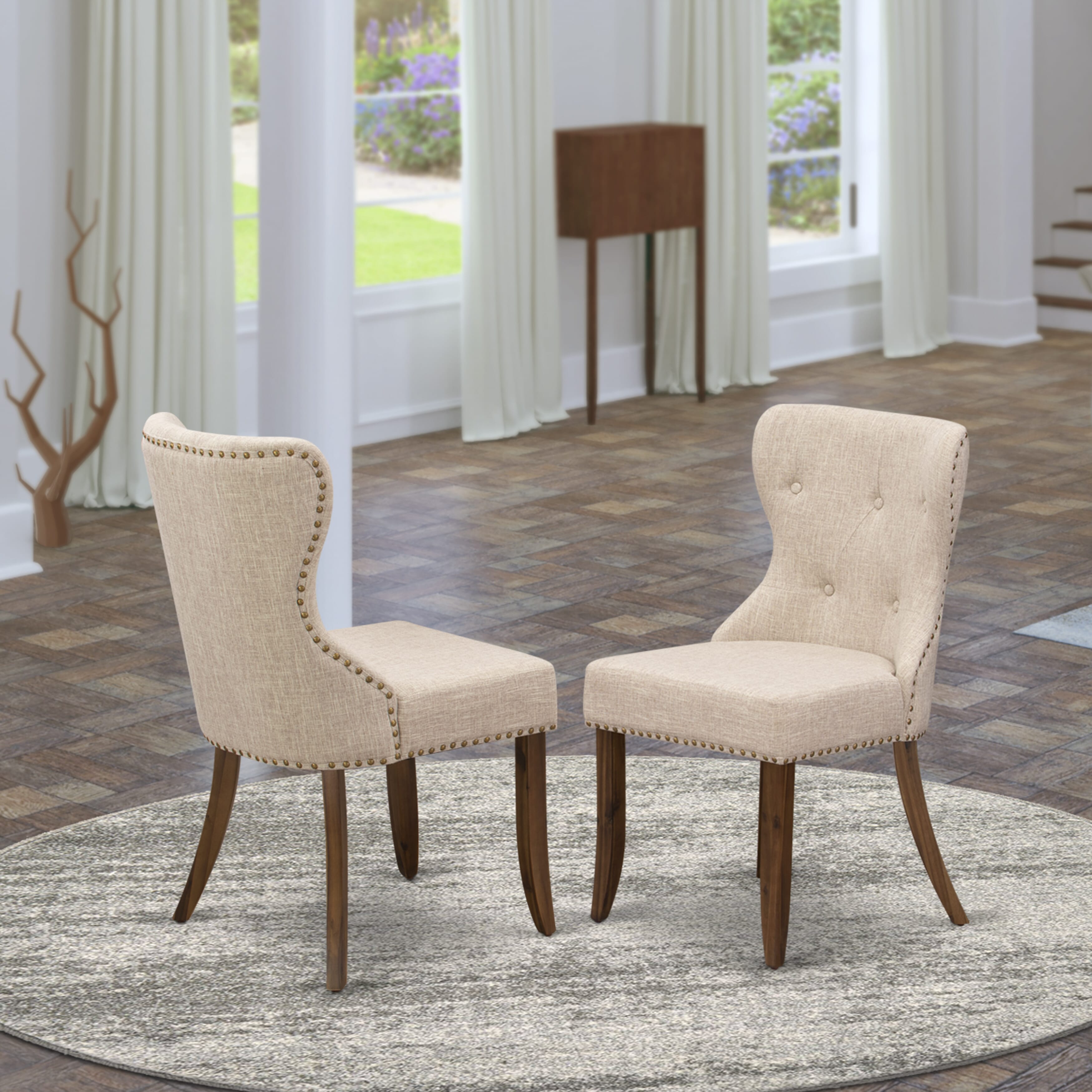 Luxe by East West Furniture F5SI5-50N-04 5-Pc Mid-century Kitchen Set Includes a Pedestal Table and 4 Light Tan Linen Fabric Dining Chairs with Button Tufted- Antique Walnut