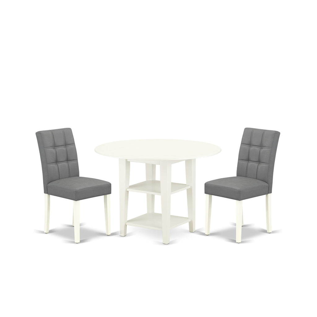 East West Furniture SUAS3-LWH-41 3 Piece contain A Dining Table Set Wood Table and 2 Platinum Gray Faux Leather Kitchen Chairs with Stylish Back- Linen White Finish