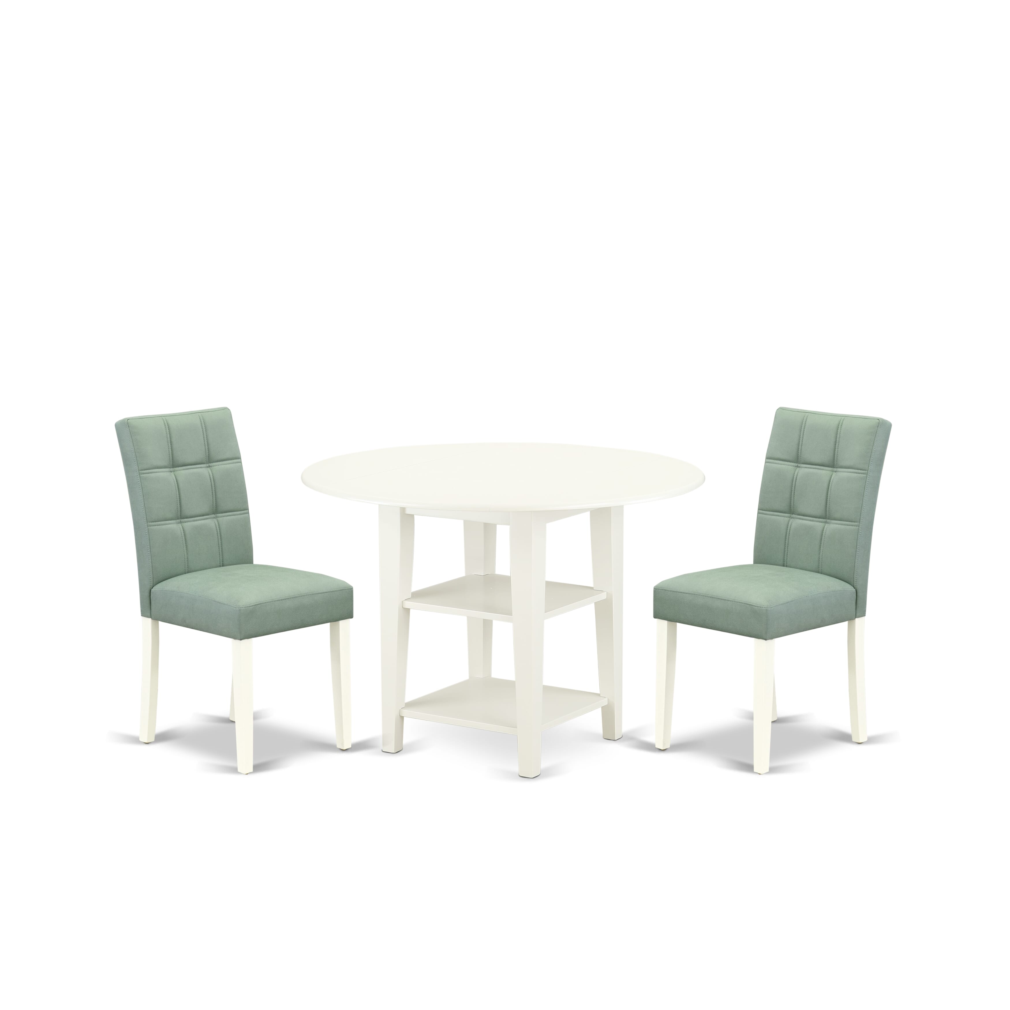 East West Furniture SUAS3-LWH-43 3 Piece Dining Room Table Set consists A Wood Dining Table and 2 Willow Green Faux Leather Mid Century Modern Dining Chairs, Linen White