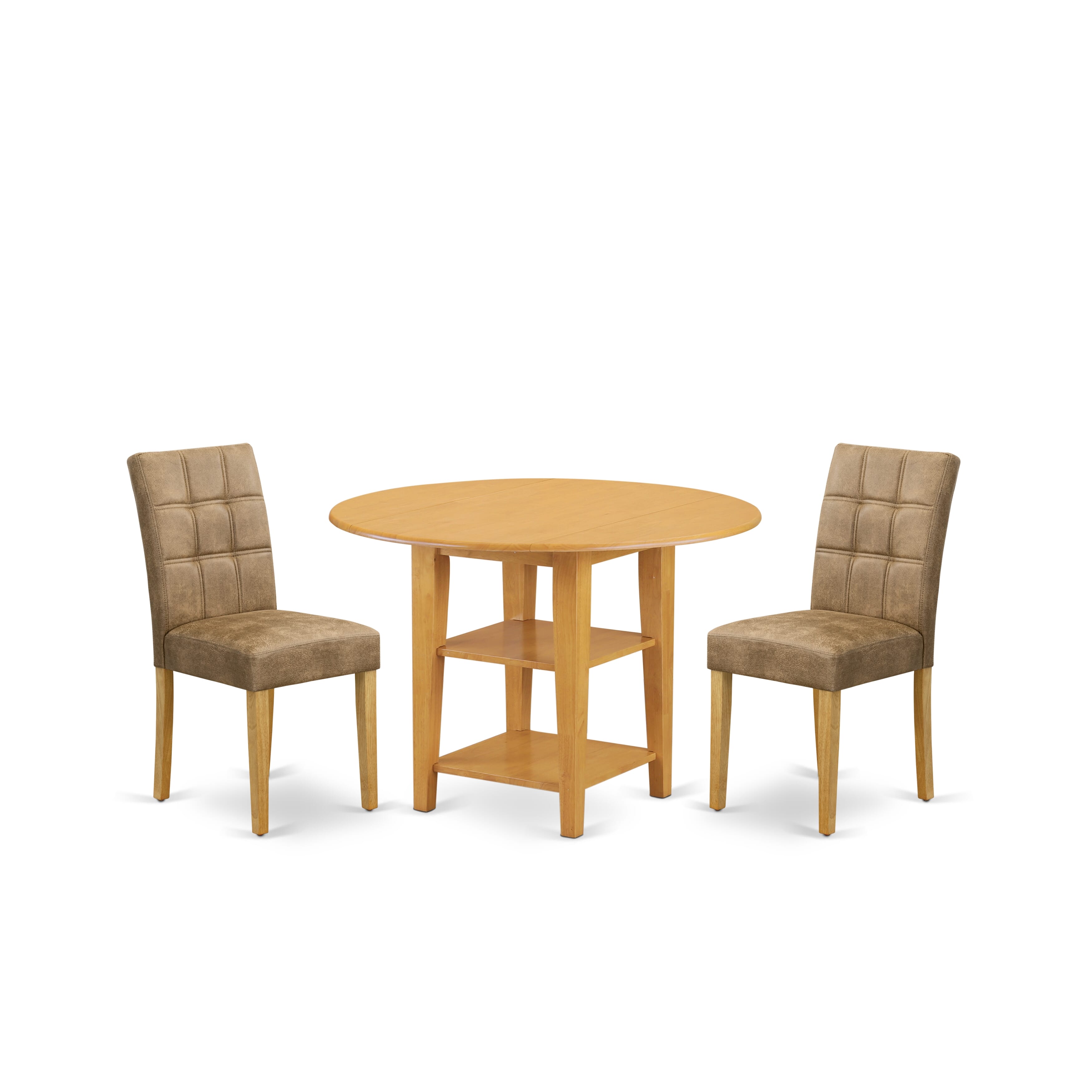 East West Furniture SUAS3-OAK-28 3 Piece Modern Dining Set Includes A Dining Table and 2 Brown Textured Faux Leather Parsons Chairs, Oak
