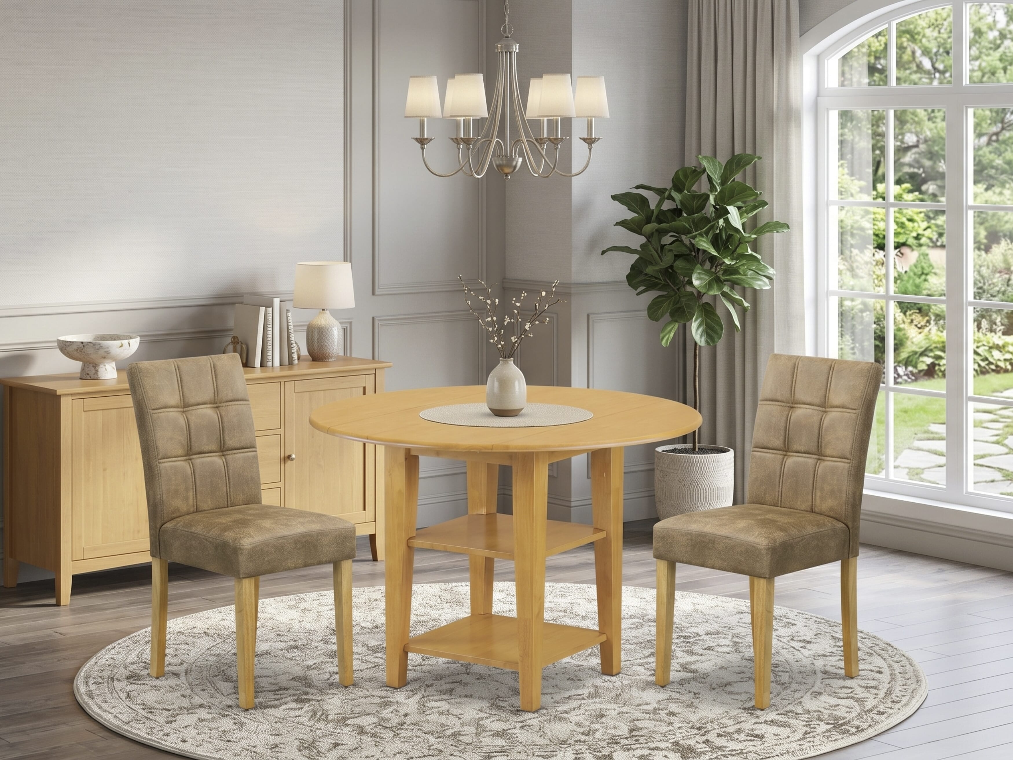 East West Furniture SUAS3-OAK-28 3 Piece Modern Dining Set Includes A Dining Table and 2 Brown Textured Faux Leather Parsons Chairs, Oak