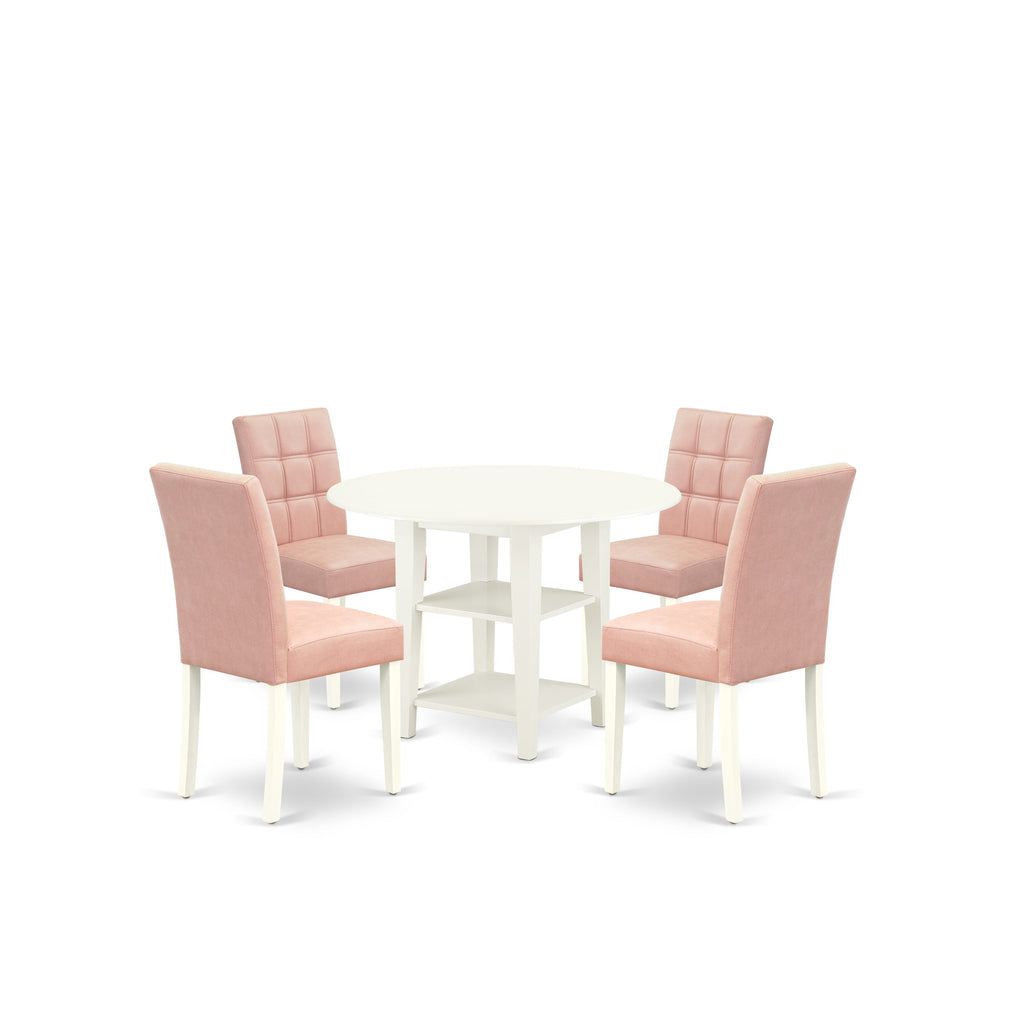 East West Furniture SUAS5-LWH-42 5 Piece Mid-Century Dining Table Set contain A Dinner Table and 4 Beige Red Faux Leather Parson Kitchen Chairs with Stylish Back- Linen White Finish