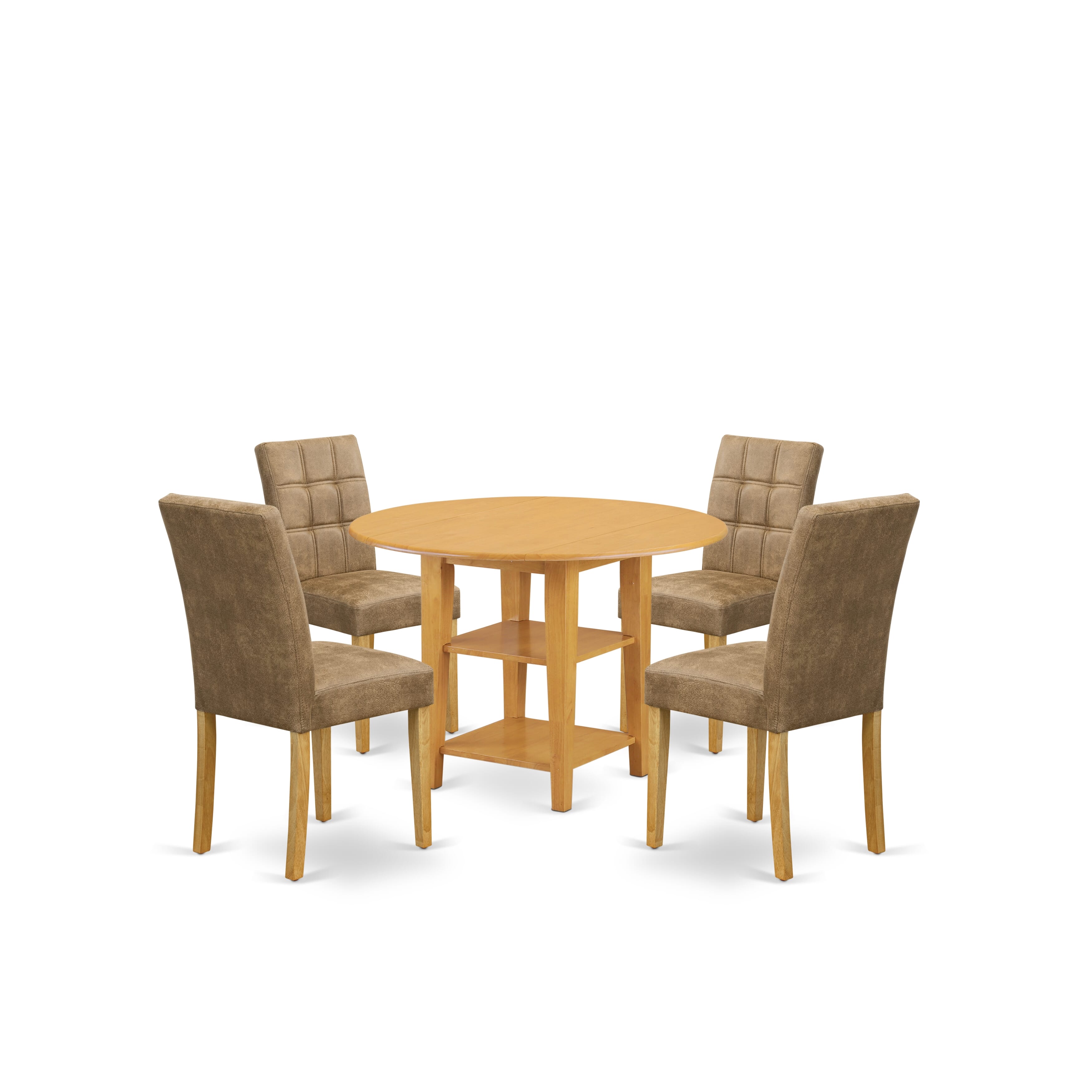East West Furniture SUAS5-OAK-28 5 Piece Mid Century Dining Set contain A Mid Century Table and 4 Brown Textured Faux Leather Dining Room Chairs, Oak
