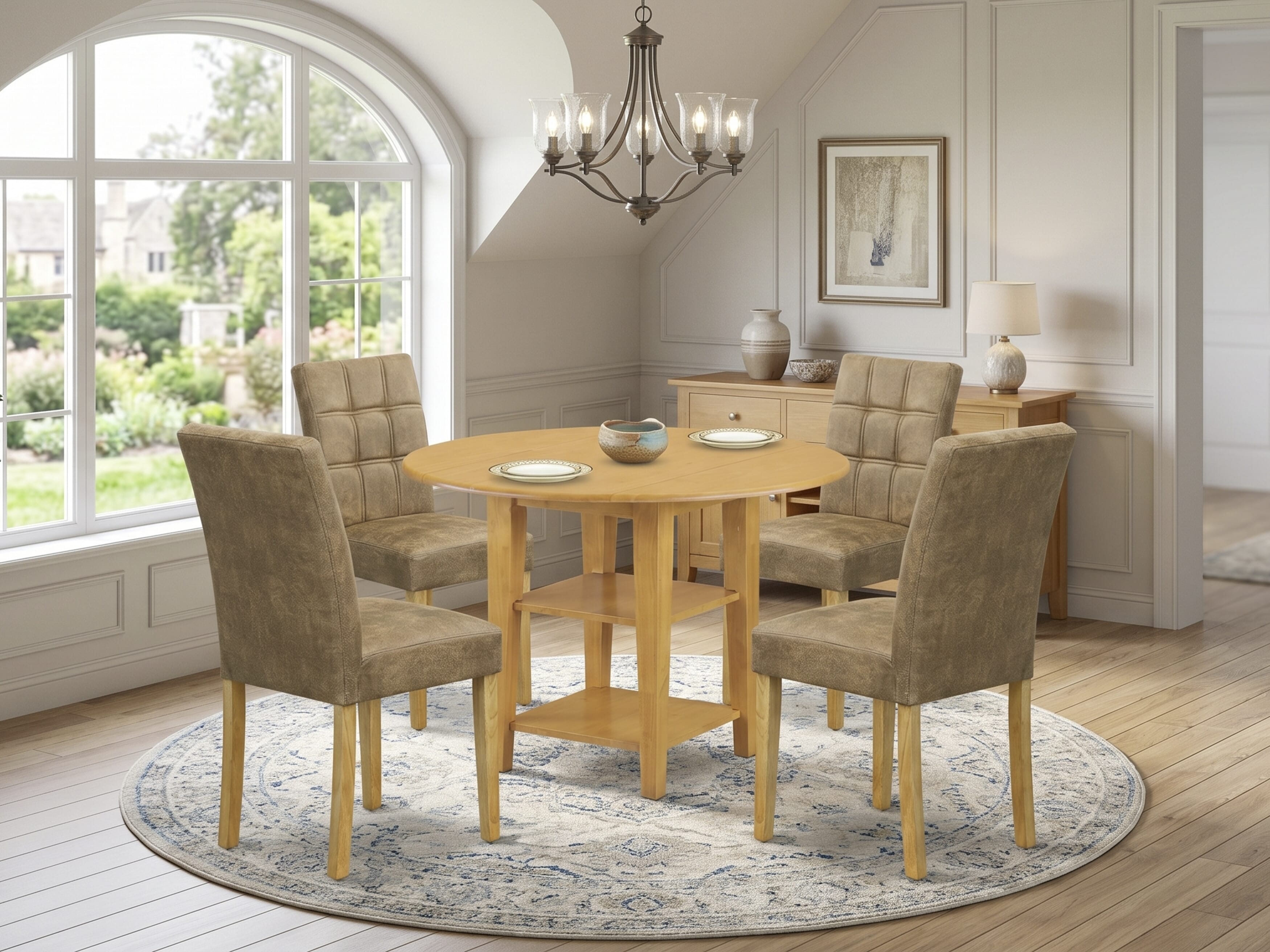 East West Furniture SUAS5-OAK-28 5 Piece Mid Century Dining Set contain A Mid Century Table and 4 Brown Textured Faux Leather Dining Room Chairs, Oak