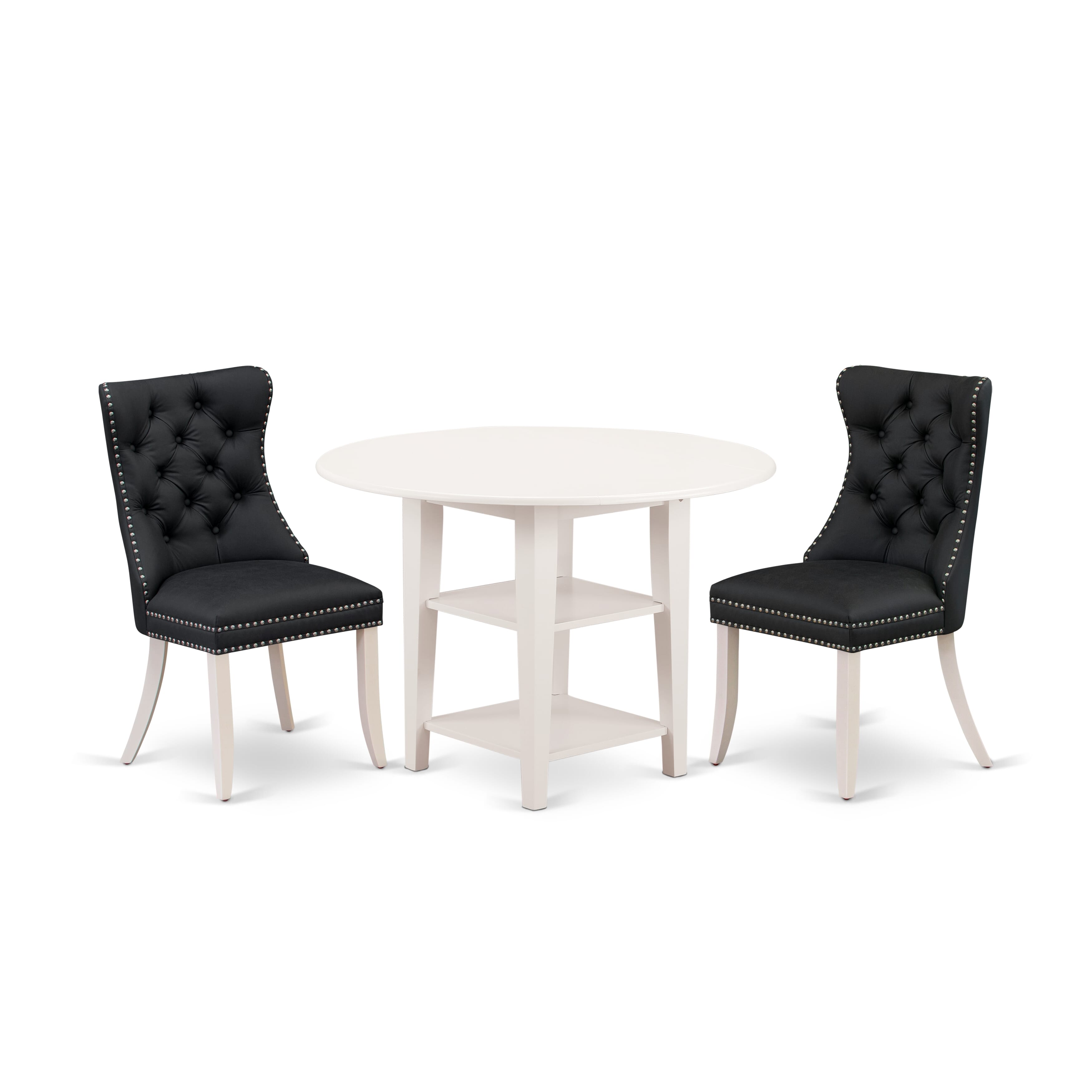 East West Furniture SUDA3-LWH-12 3 Piece Dining Table Set Consists of a Round Kitchen Table with Dropleaf & Shelves and 2 Upholstered Chairs, 42x42 Inch, linen white