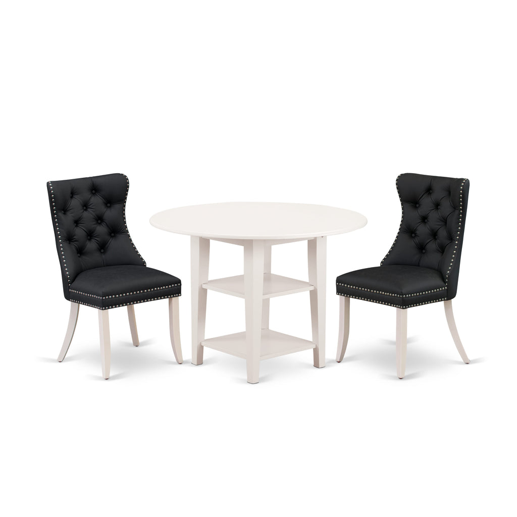 East West Furniture SUDA3-LWH-12 3 Piece Dining Table Set Consists of a Round Kitchen Table with Dropleaf & Shelves and 2 Upholstered Chairs, 42x42 Inch, linen white