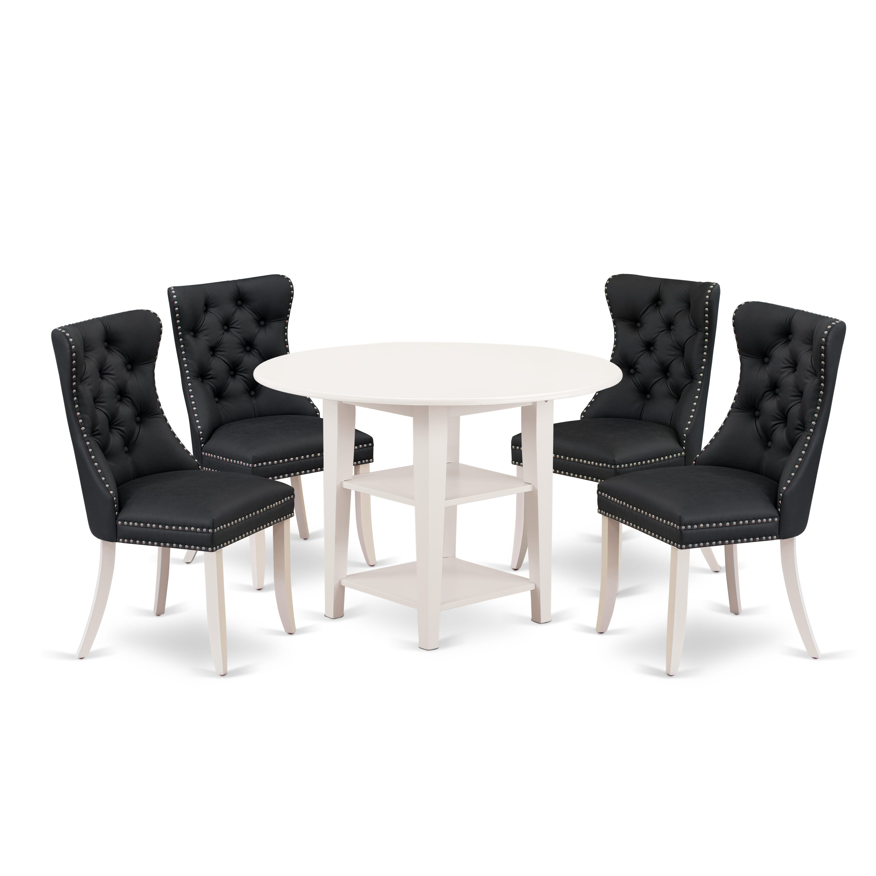East West Furniture SUDA5-LWH-12 5 Piece Dining Table Set Includes a Round Kitchen Table with Dropleaf & Shelves and 4 Upholstered Parson Chairs, 42x42 Inch, linen white