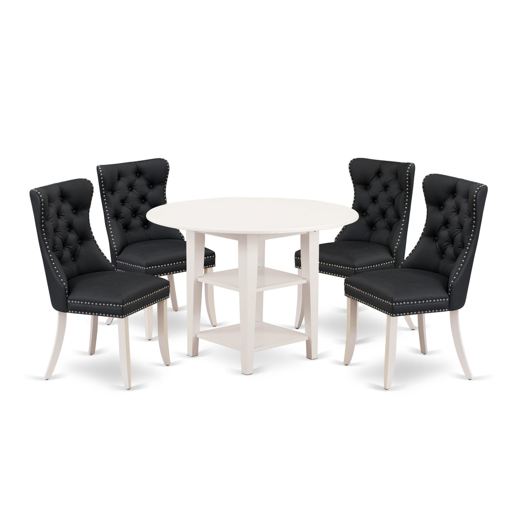 East West Furniture SUDA5-LWH-12 5 Piece Dining Table Set Includes a Round Kitchen Table with Dropleaf & Shelves and 4 Upholstered Parson Chairs, 42x42 Inch, linen white