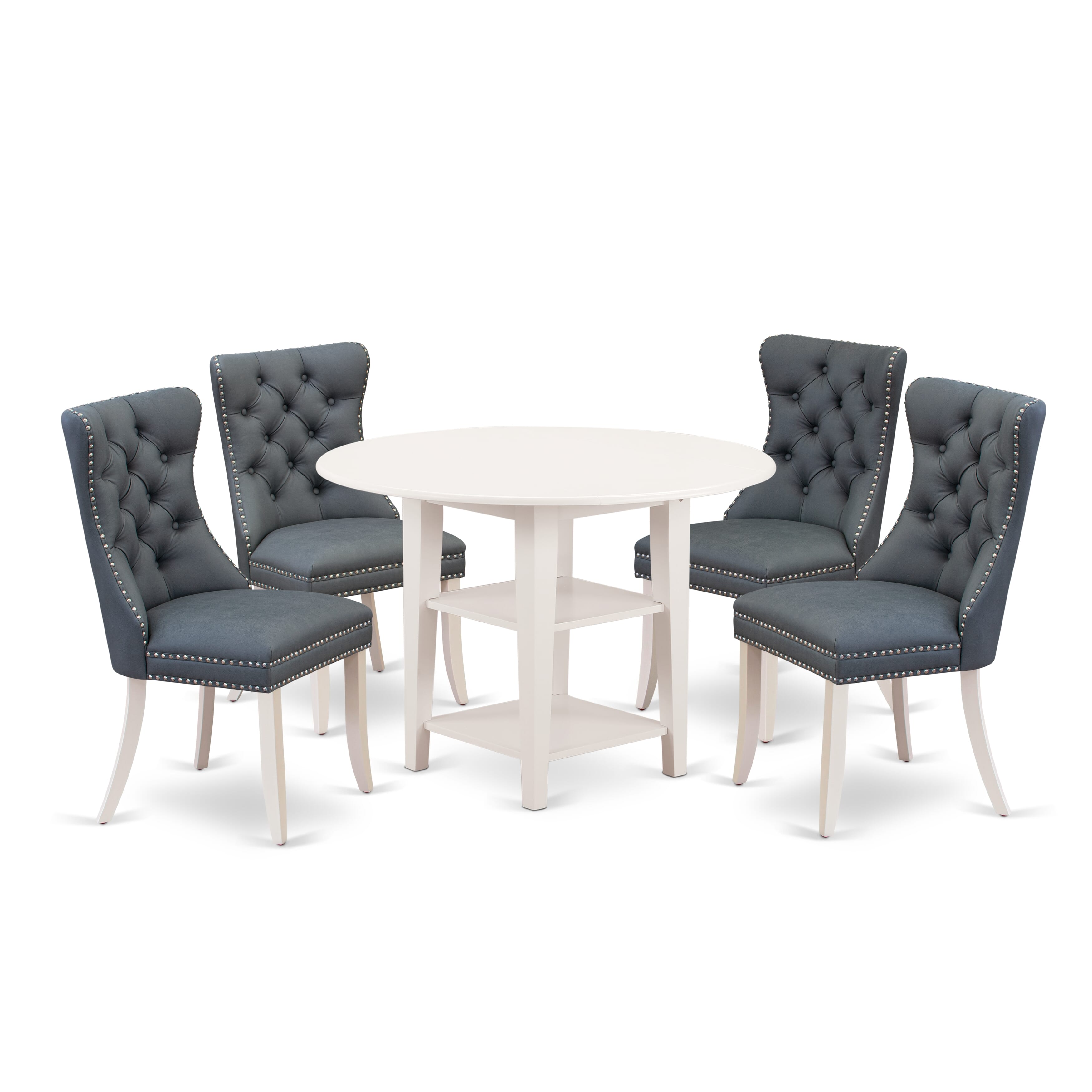 East West Furniture SUDA5-LWH-13 5 Piece Kitchen Room Furniture Set Consists of a Round Dining Table with Dropleaf & Shelves and 4 Padded Chairs, 42x42 Inch, linen white