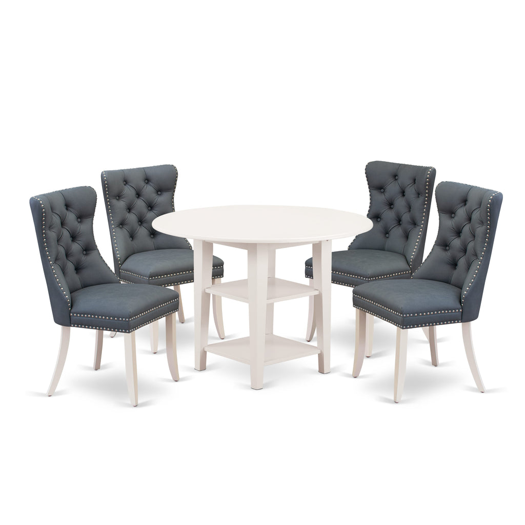 East West Furniture SUDA5-LWH-13 5 Piece Kitchen Room Furniture Set Consists of a Round Dining Table with Dropleaf & Shelves and 4 Padded Chairs, 42x42 Inch, linen white