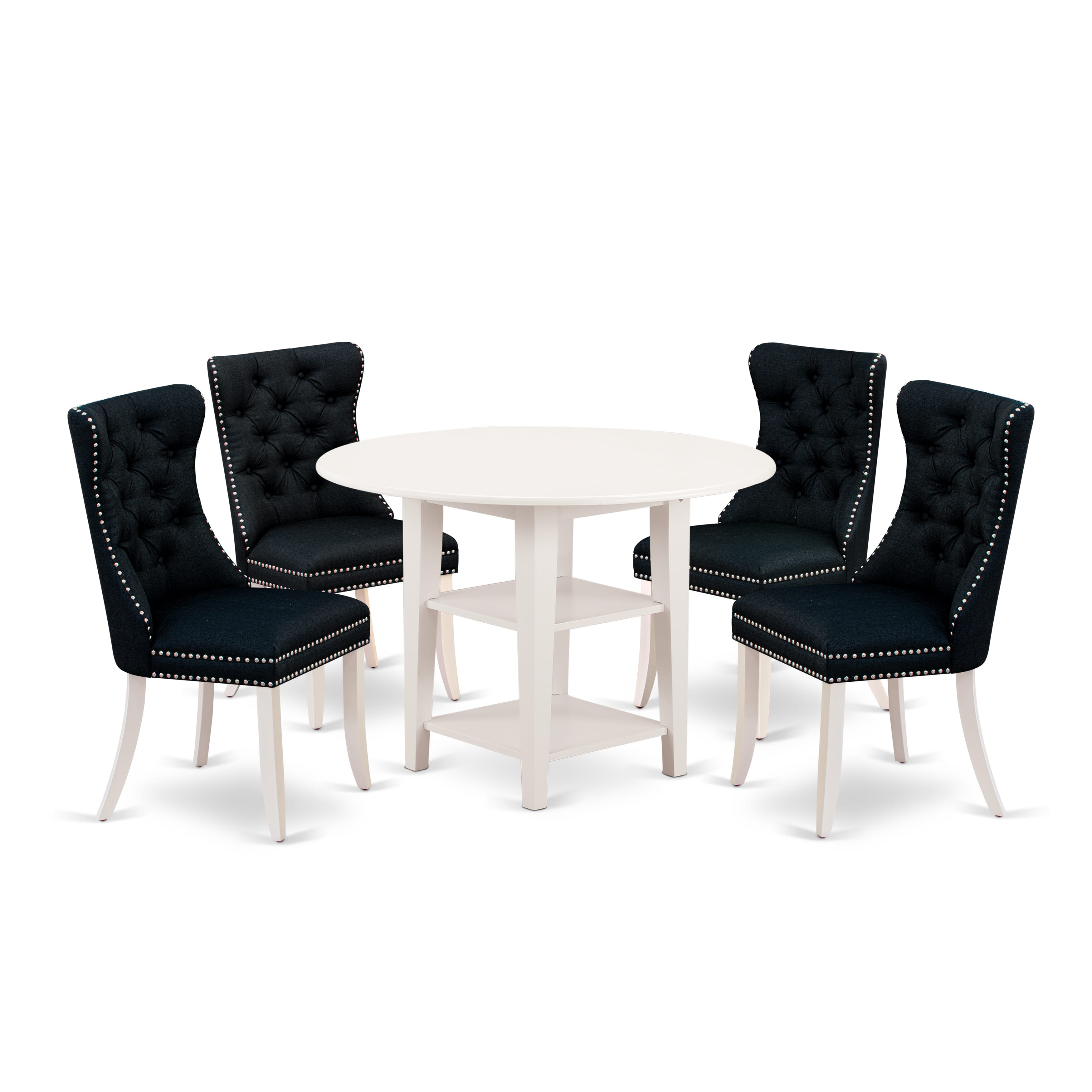 East West Furniture SUDA5-LWH-24 5 Piece Dining Table Set Includes a Round Kitchen Table with Dropleaf & Shelves and 4 Upholstered Chairs, 42x42 Inch, linen white
