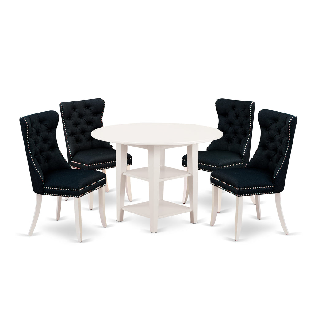 East West Furniture SUDA5-LWH-24 5 Piece Dining Table Set Includes a Round Kitchen Table with Dropleaf & Shelves and 4 Upholstered Chairs, 42x42 Inch, linen white