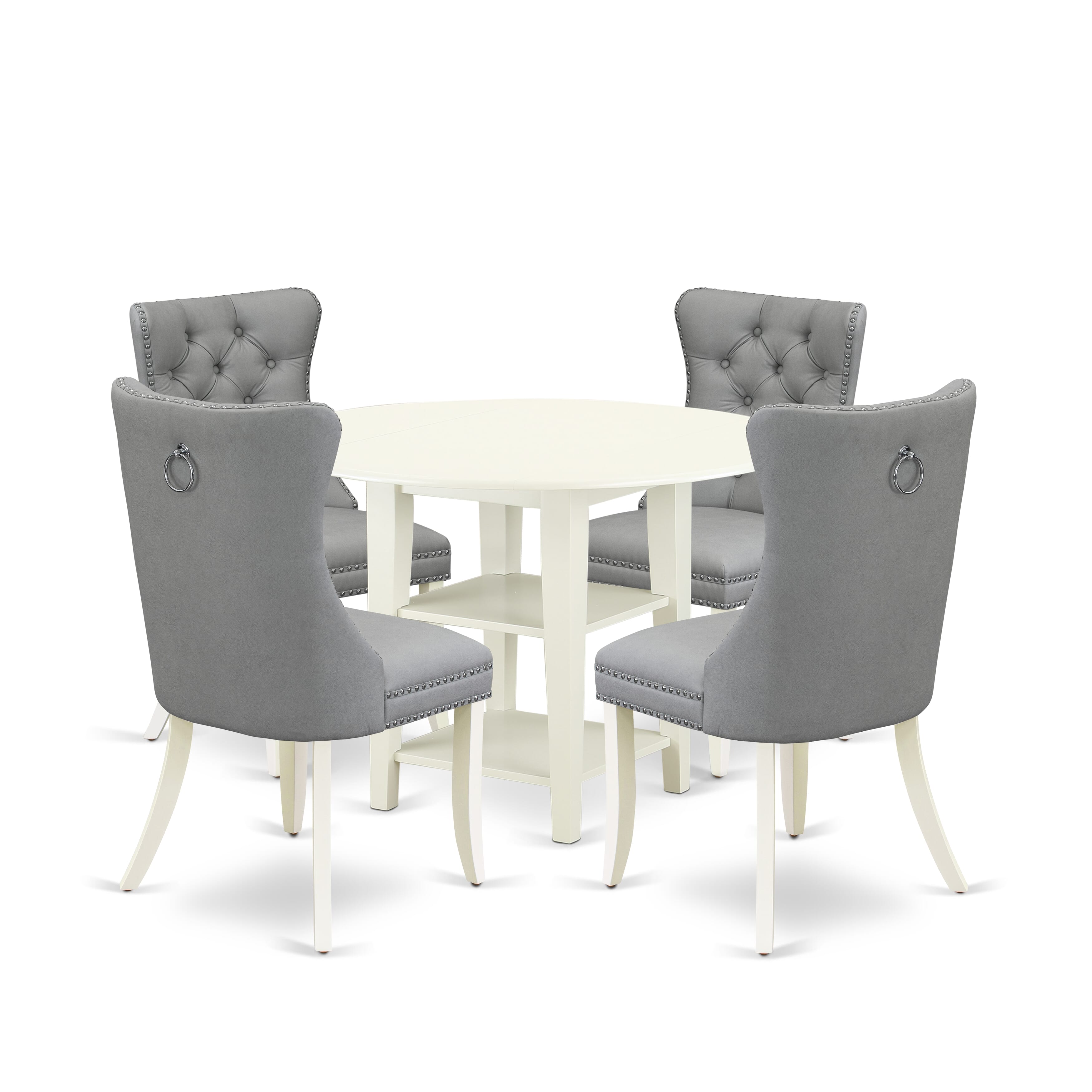 East West Furniture SUDA5-LWH-27 5 Piece Kitchen Set Consists of a Round Dining Table with Dropleaf & Shelves and 4 Upholstered Chairs, 42x42 Inch, linen white
