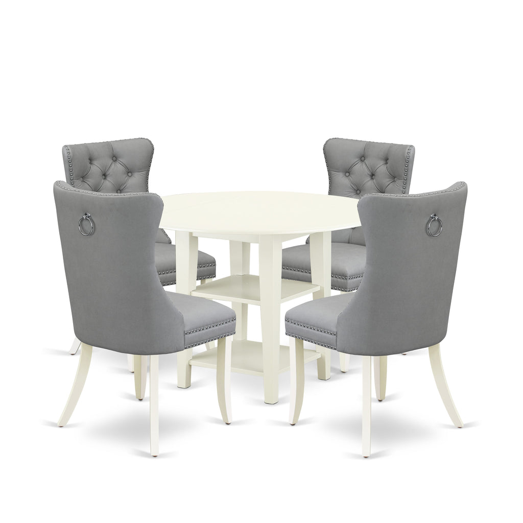 East West Furniture SUDA5-LWH-27 5 Piece Kitchen Set Consists of a Round Dining Table with Dropleaf & Shelves and 4 Upholstered Chairs, 42x42 Inch, linen white