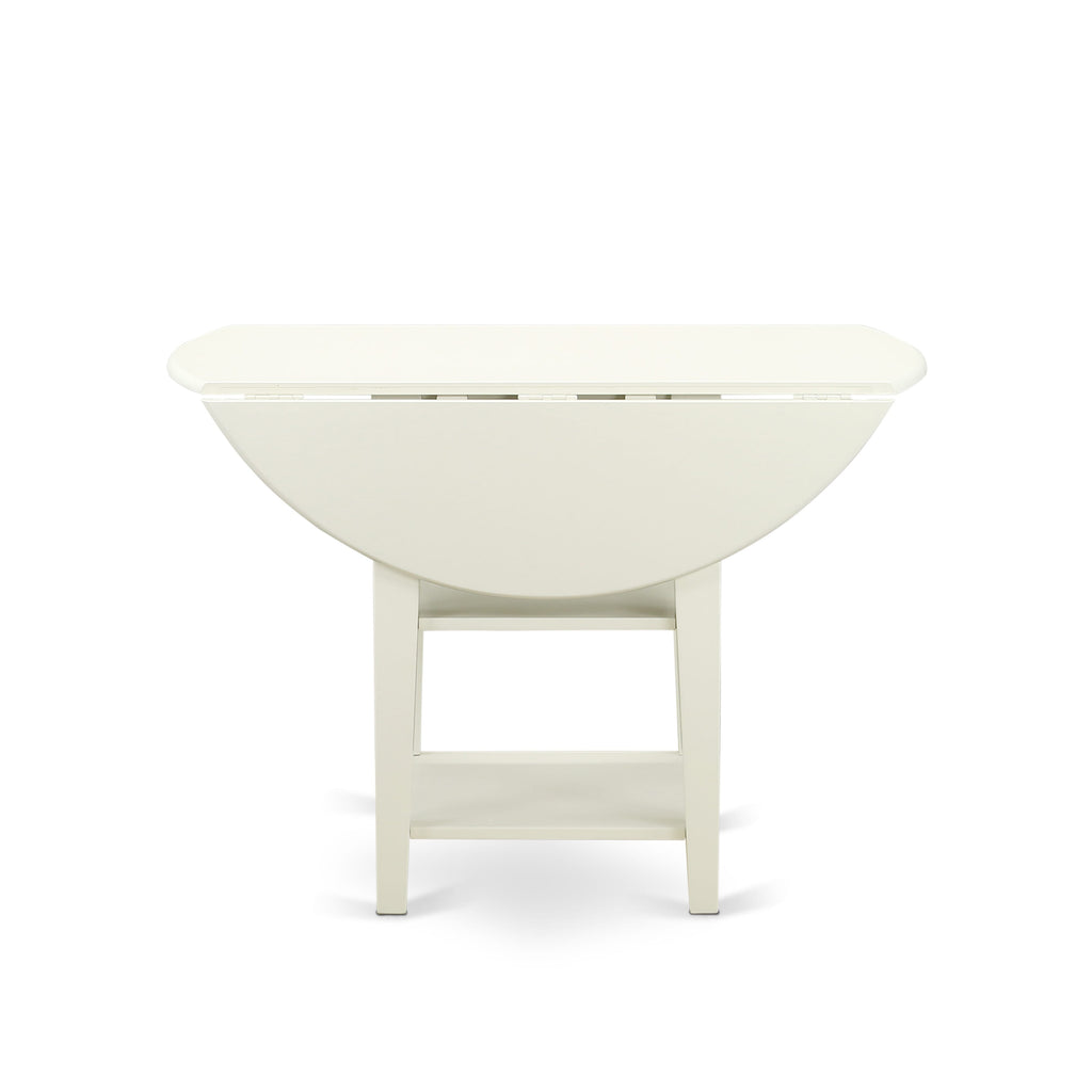 East West Furniture SUDA5-LWH-12 5 Piece Dining Table Set Includes a Round Kitchen Table with Dropleaf & Shelves and 4 Upholstered Parson Chairs, 42x42 Inch, linen white