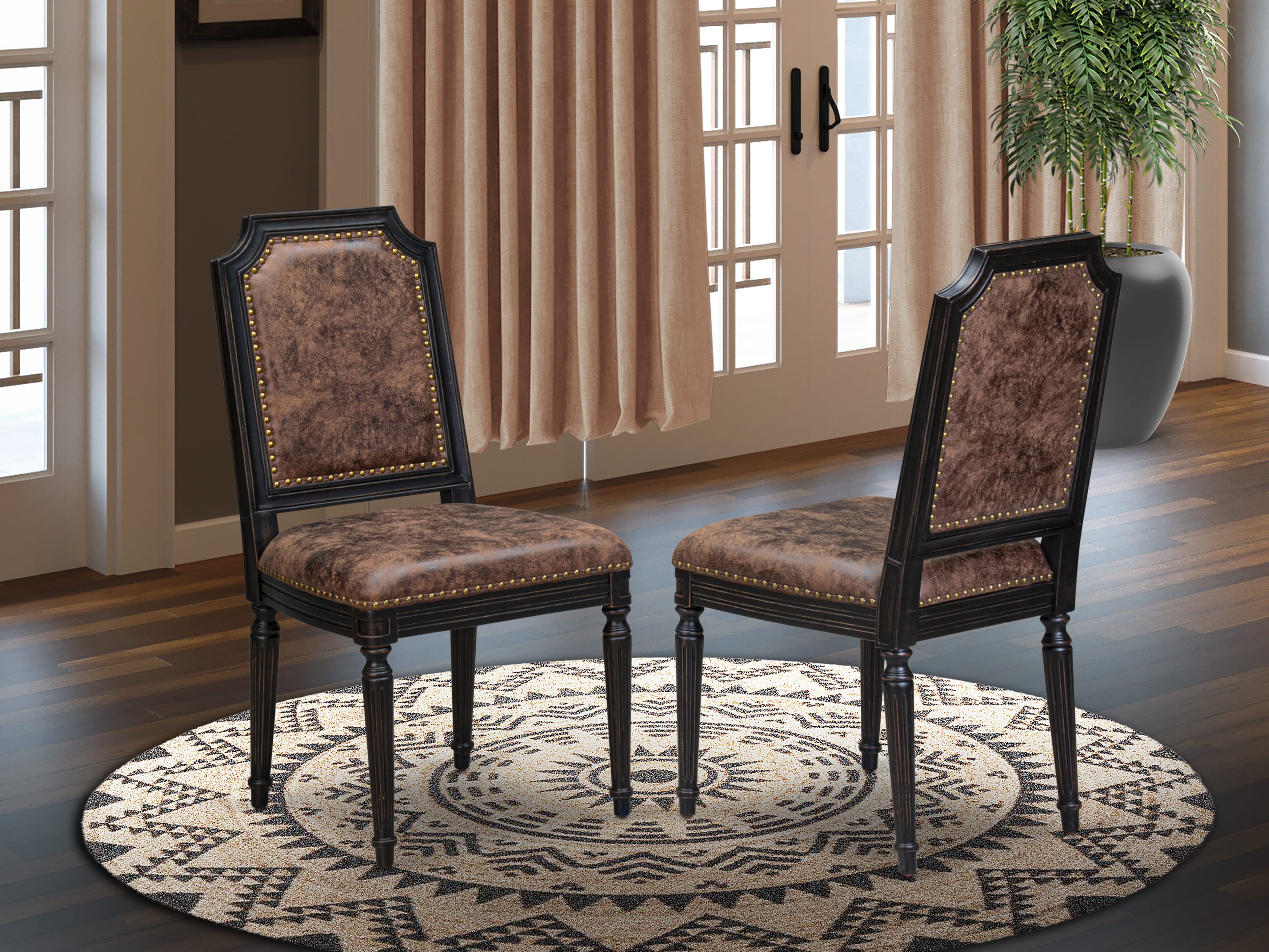 Luxe by East West Furniture I5TY7-411-33 7-piece Modern Dining Set with Polyester 6 Brown Textured Modern chairs, High Back, and A Kitchen Table in Sand Blasting Black Finish.