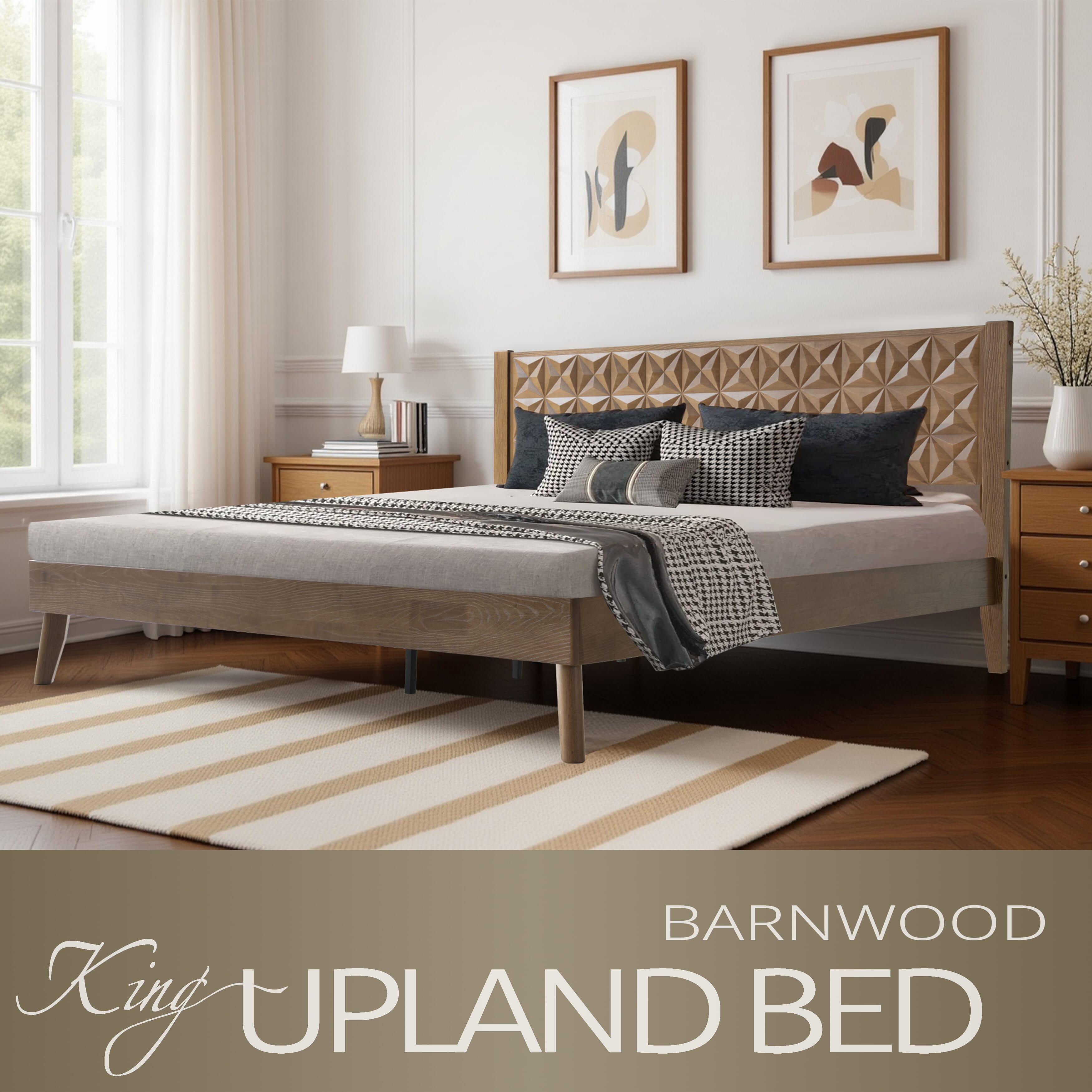 King Size Platform Bed Frame with Headboard & Footboard, 12 Stable Slats with Center Metal Legs, Easy Assembly, Noise-Free & Slip-Free Design, No Box Spring Needed, Barnwood Finish, UPK-30