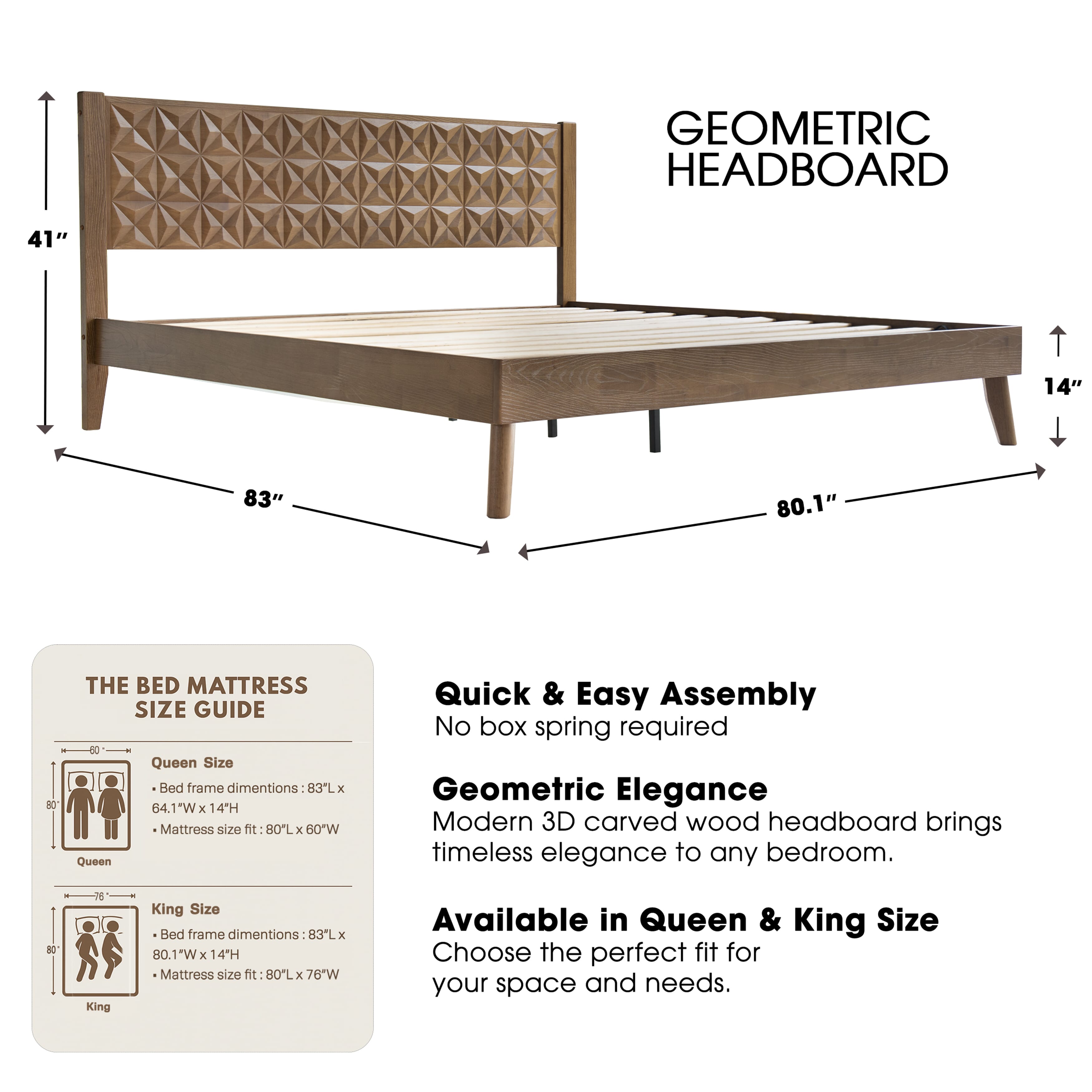 King Size Platform Bed Frame with Headboard & Footboard, 12 Stable Slats with Center Metal Legs, Easy Assembly, Noise-Free & Slip-Free Design, No Box Spring Needed, Barnwood Finish, UPK-30