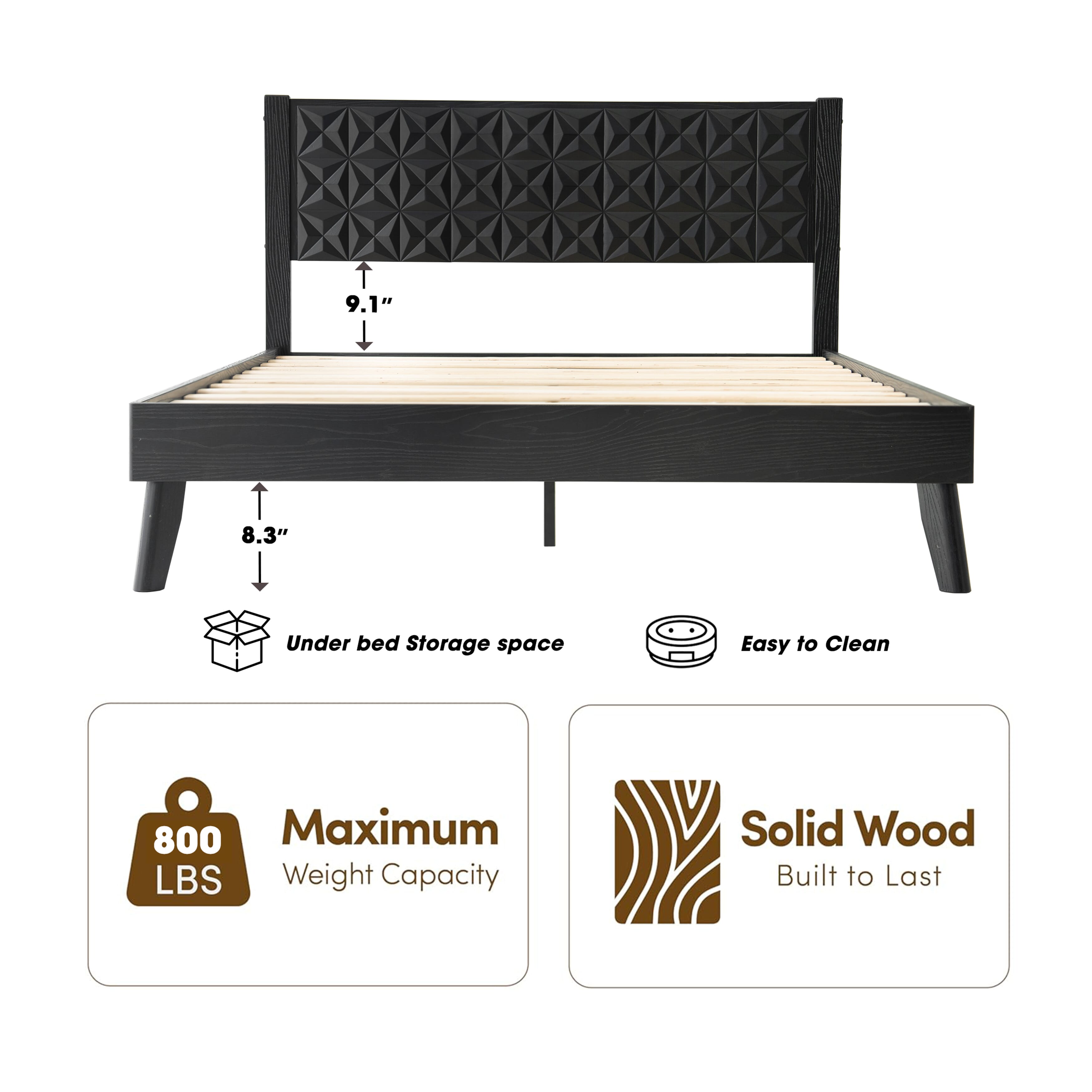 King Size Platform Bed Frame with Solid Wood Headboard & Footboard, 12 Sturdy Slatted Base, Central Metal Legs, Noise-Free & Slip-Free, Easy Assembly, No Box Spring Needed, Ebony Oak Finish, UPK-35