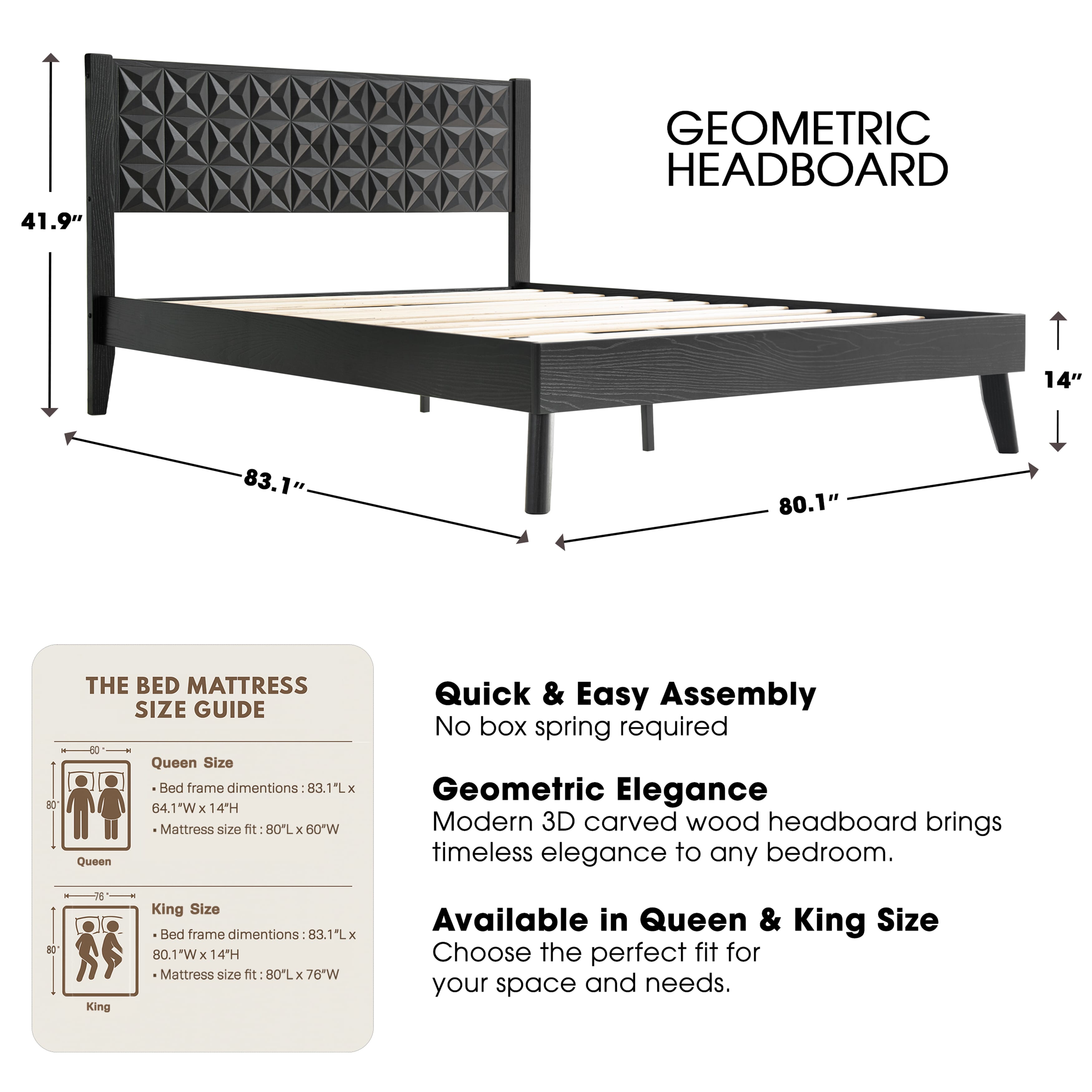 King Size Platform Bed Frame with Solid Wood Headboard & Footboard, 12 Sturdy Slatted Base, Central Metal Legs, Noise-Free & Slip-Free, Easy Assembly, No Box Spring Needed, Ebony Oak Finish, UPK-35