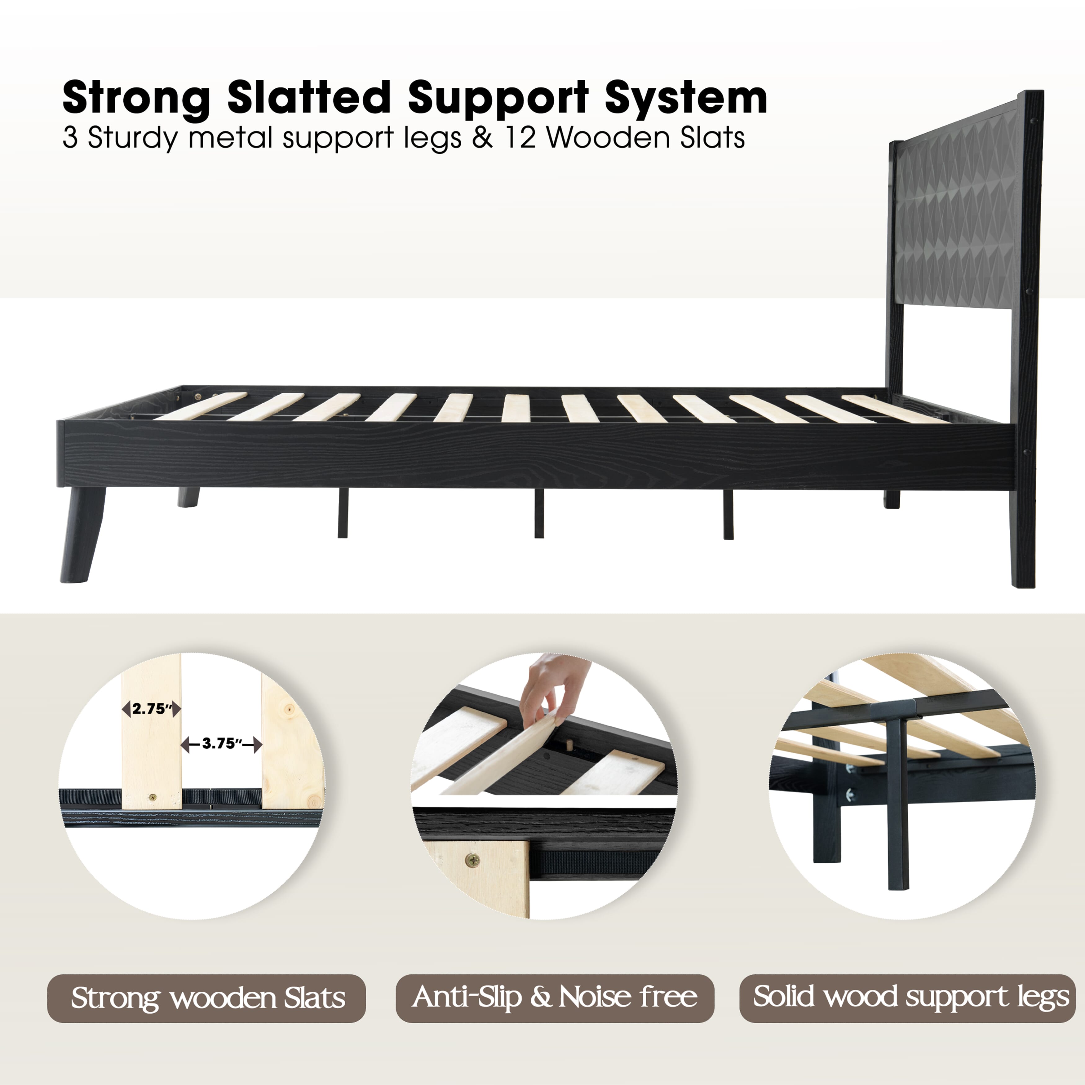King Size Platform Bed Frame with Solid Wood Headboard & Footboard, 12 Sturdy Slatted Base, Central Metal Legs, Noise-Free & Slip-Free, Easy Assembly, No Box Spring Needed, Ebony Oak Finish, UPK-35