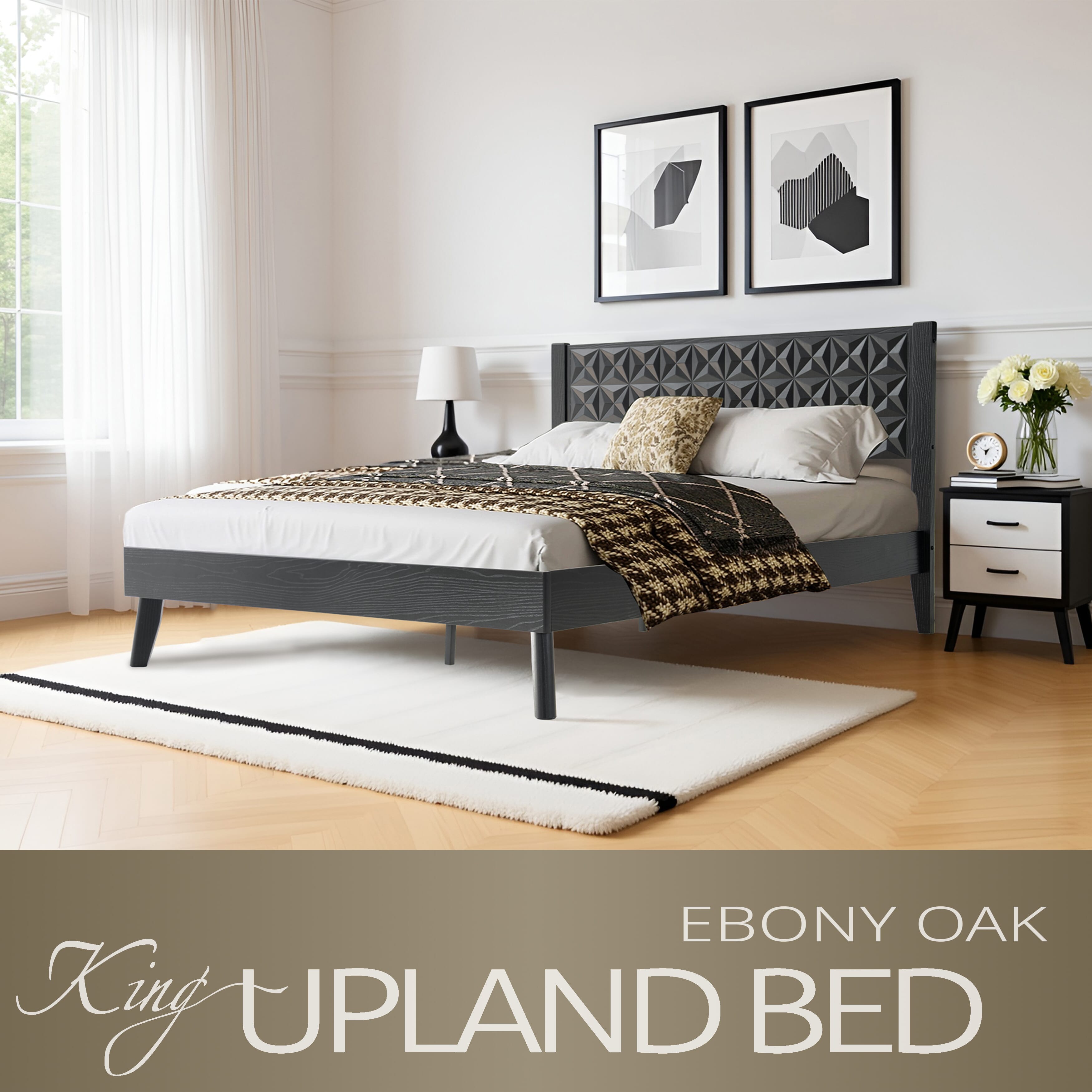 King Size Platform Bed Frame with Solid Wood Headboard & Footboard, 12 Sturdy Slatted Base, Central Metal Legs, Noise-Free & Slip-Free, Easy Assembly, No Box Spring Needed, Ebony Oak Finish, UPK-35