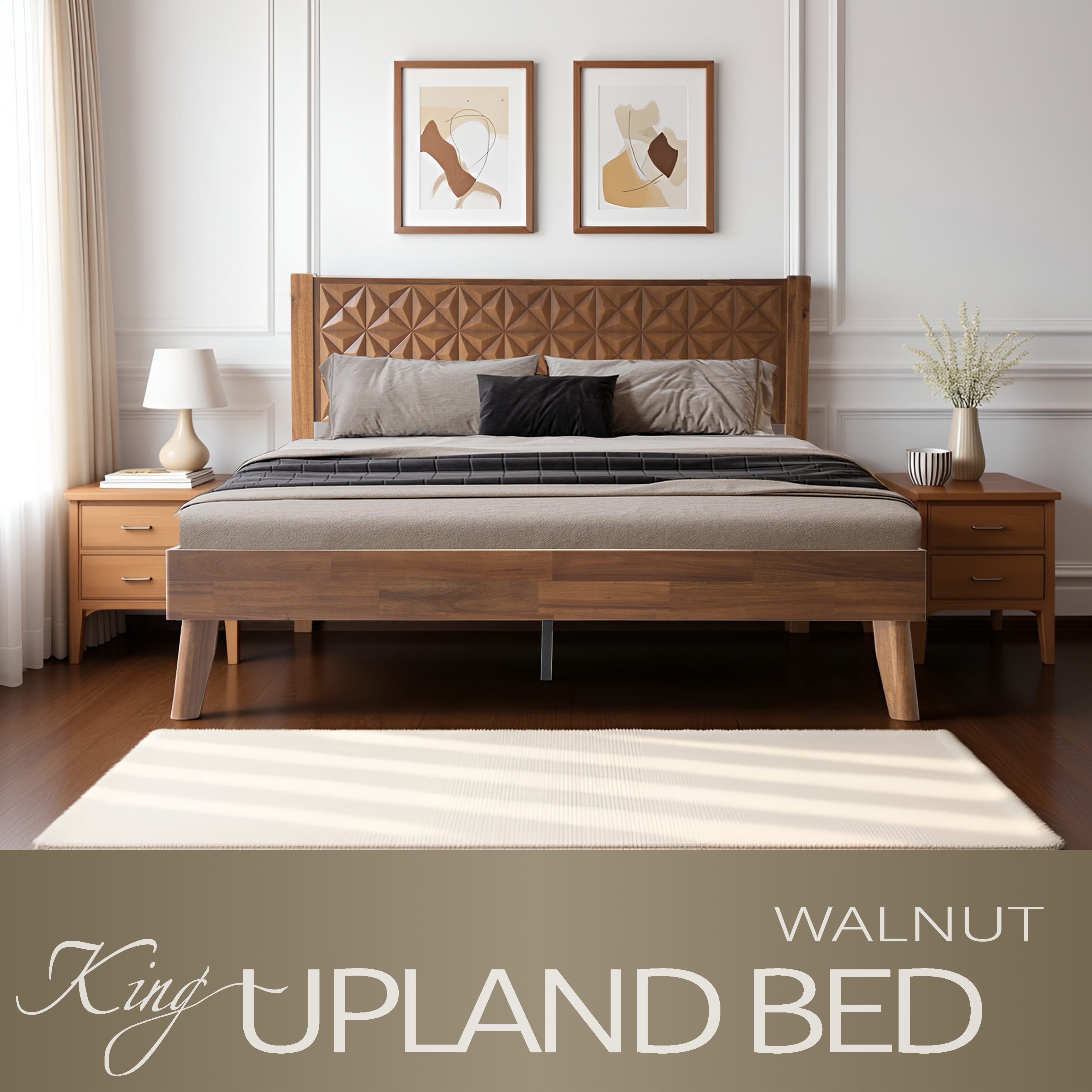 King Size Platform Bed Frame with Headboard & Footboard, 12 Solid Wood Strong Slats, Center Metal Legs, Noise-Free & Slip-Free Design, Easy Assembly, No Box Spring Needed, Walnut Finish, UPK-37