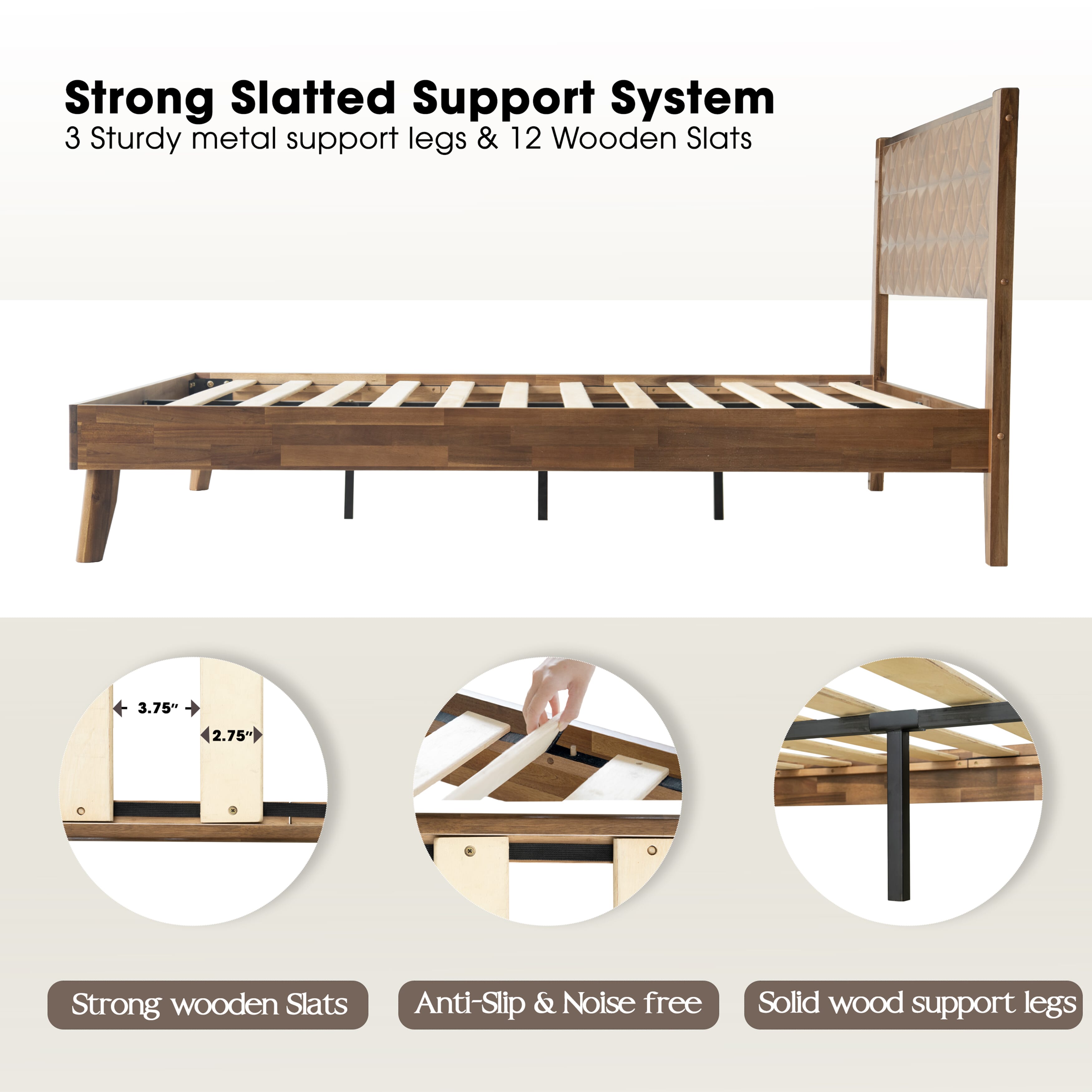 King Size Platform Bed Frame with Headboard & Footboard, 12 Solid Wood Strong Slats, Center Metal Legs, Noise-Free & Slip-Free Design, Easy Assembly, No Box Spring Needed, Walnut Finish, UPK-37