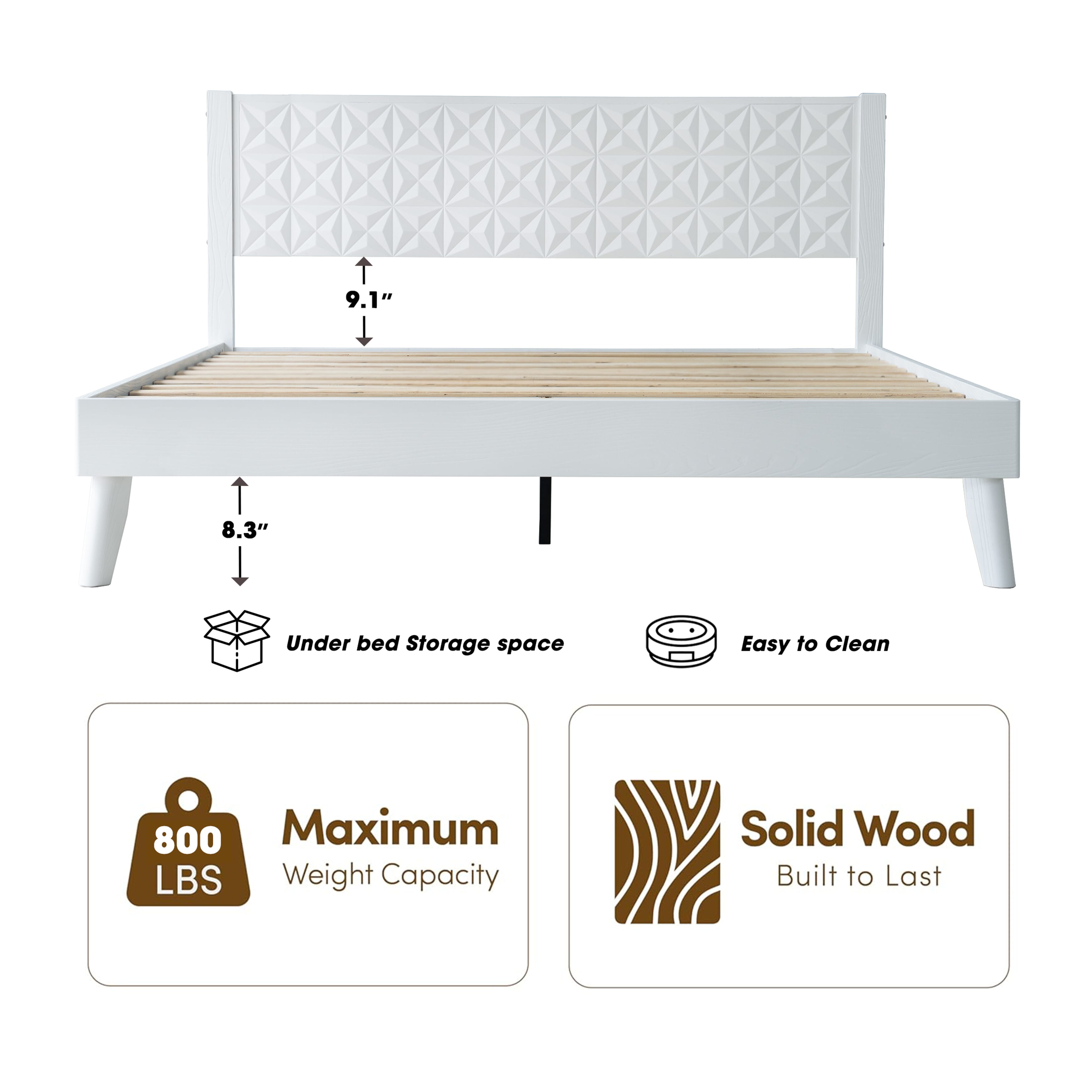 King Size Solid Wood Platform Bed Frame with Headboard & Footboard, 12 Strong Slatted Base, Central Metal Legs, Easy Assembly, Noise & Slip-Free, No Box Spring Needed, Pure White Finish, UPK-39