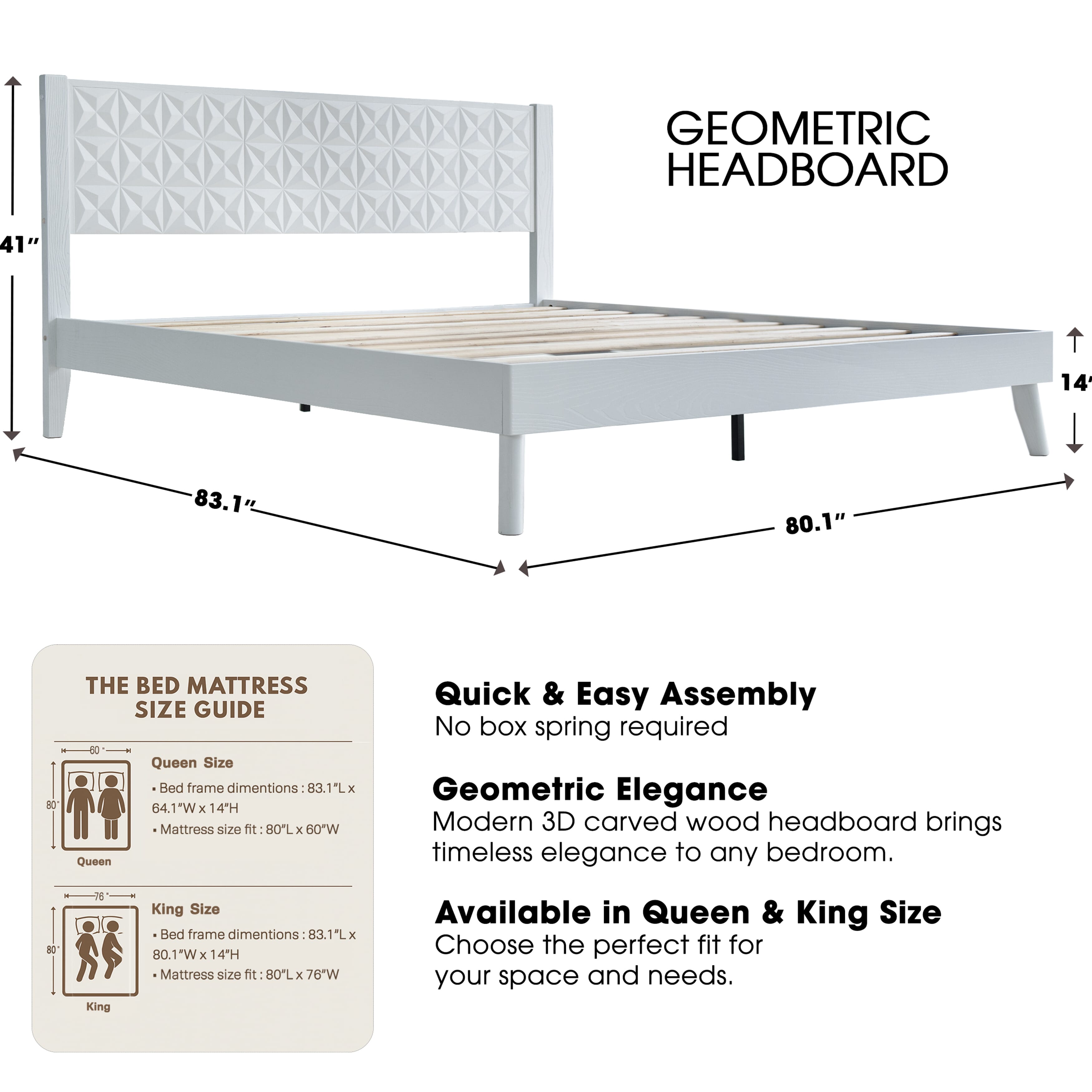 King Size Solid Wood Platform Bed Frame with Headboard & Footboard, 12 Strong Slatted Base, Central Metal Legs, Easy Assembly, Noise & Slip-Free, No Box Spring Needed, Pure White Finish, UPK-39
