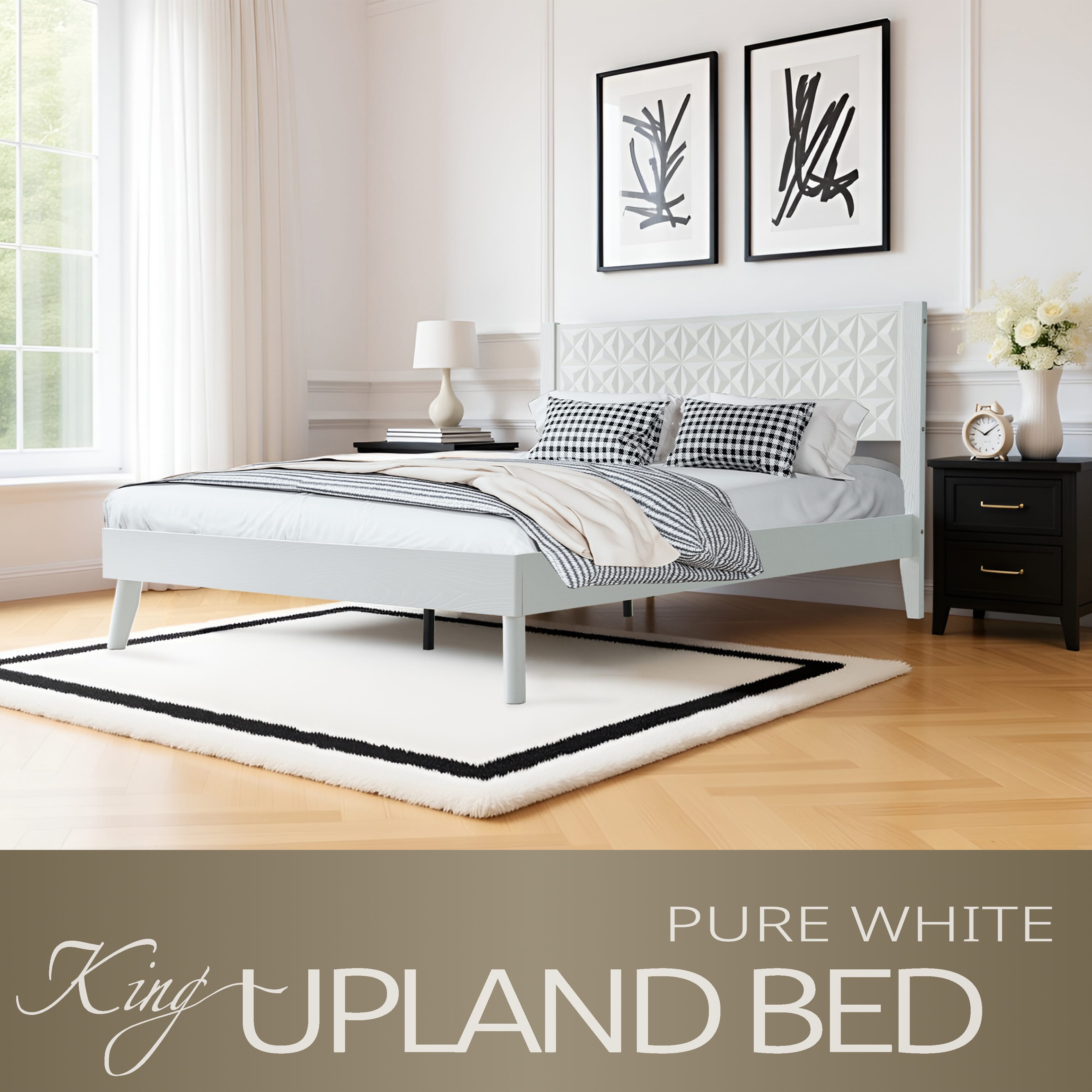 King Size Solid Wood Platform Bed Frame with Headboard & Footboard, 12 Strong Slatted Base, Central Metal Legs, Easy Assembly, Noise & Slip-Free, No Box Spring Needed, Pure White Finish, UPK-39